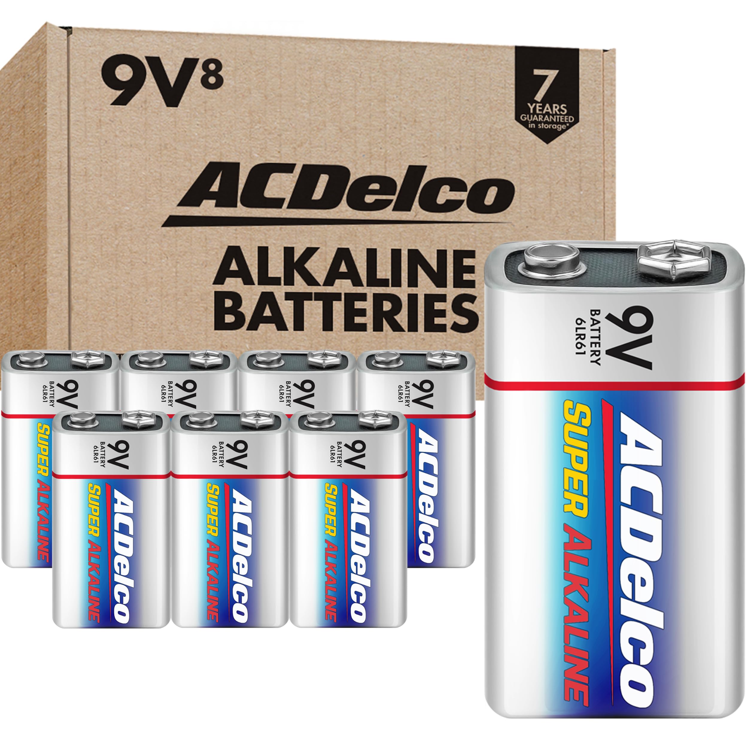 ACDelco 8-Count 9 Volt Batteries, Maximum Power Super Alkaline Battery, 7-Year Shelf Life, Reclosable Packaging