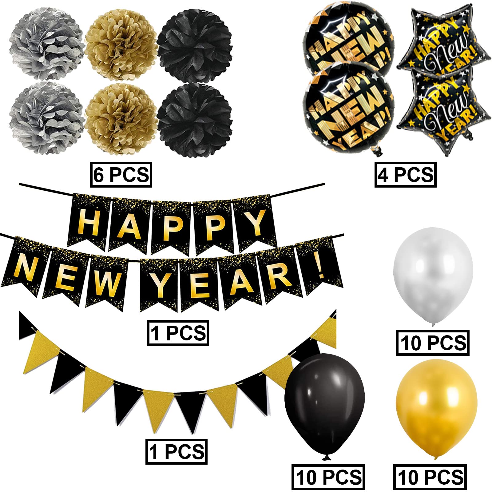 Black Happy New Year Banner Gold Black Paper Flag Bunting Swirl Streamers & Pom Poms Balloons for New year Party Decorations