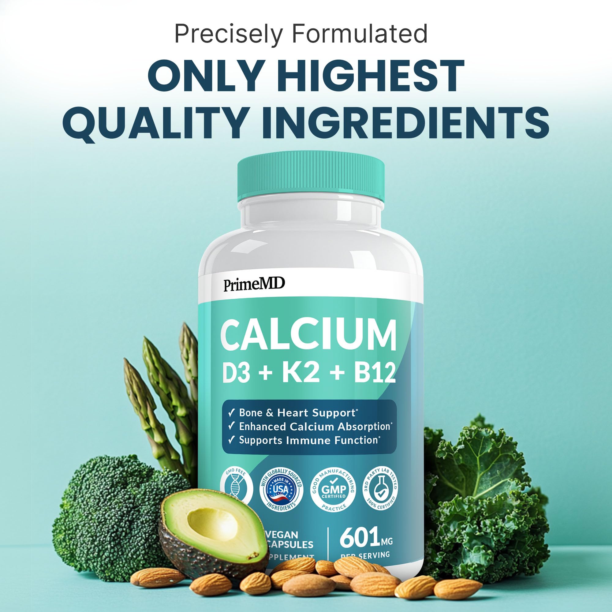 4-in-1 Calcium Supplements for Women and Men - Calcium with Vitamin D3 K2 5000 IU Supplement, 601mg per Serving for Heart, Bones & Body Defenses - Gluten-Free, Vegan-Friendly (240 ct)