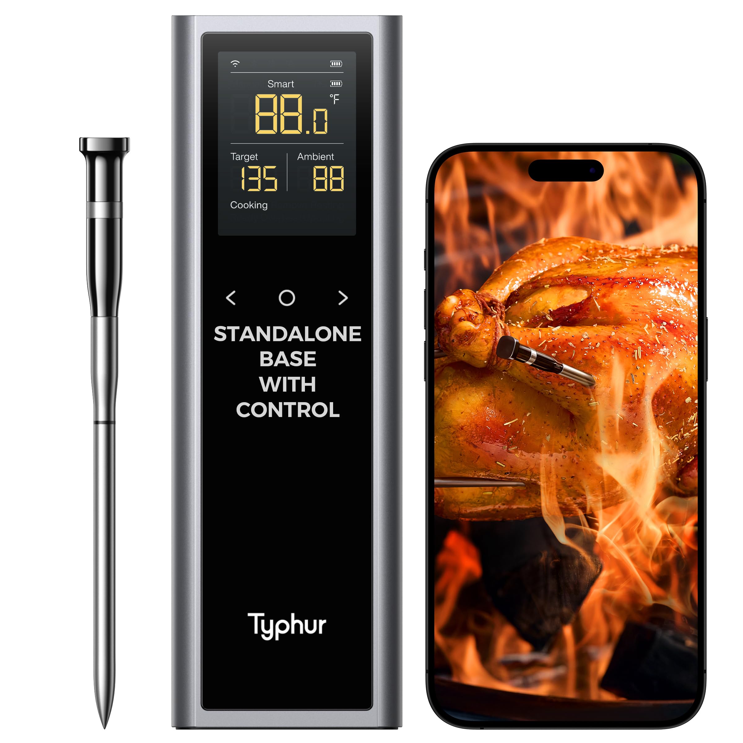 Typhur Sync One Smart Wireless Meat Thermometer Digital: Standalone Base for Quick and Easy Control, Unlimited Range WiFi & Bluetooth, Proven Stronger Signal Stability, for BBQ Grill Oven Smoker