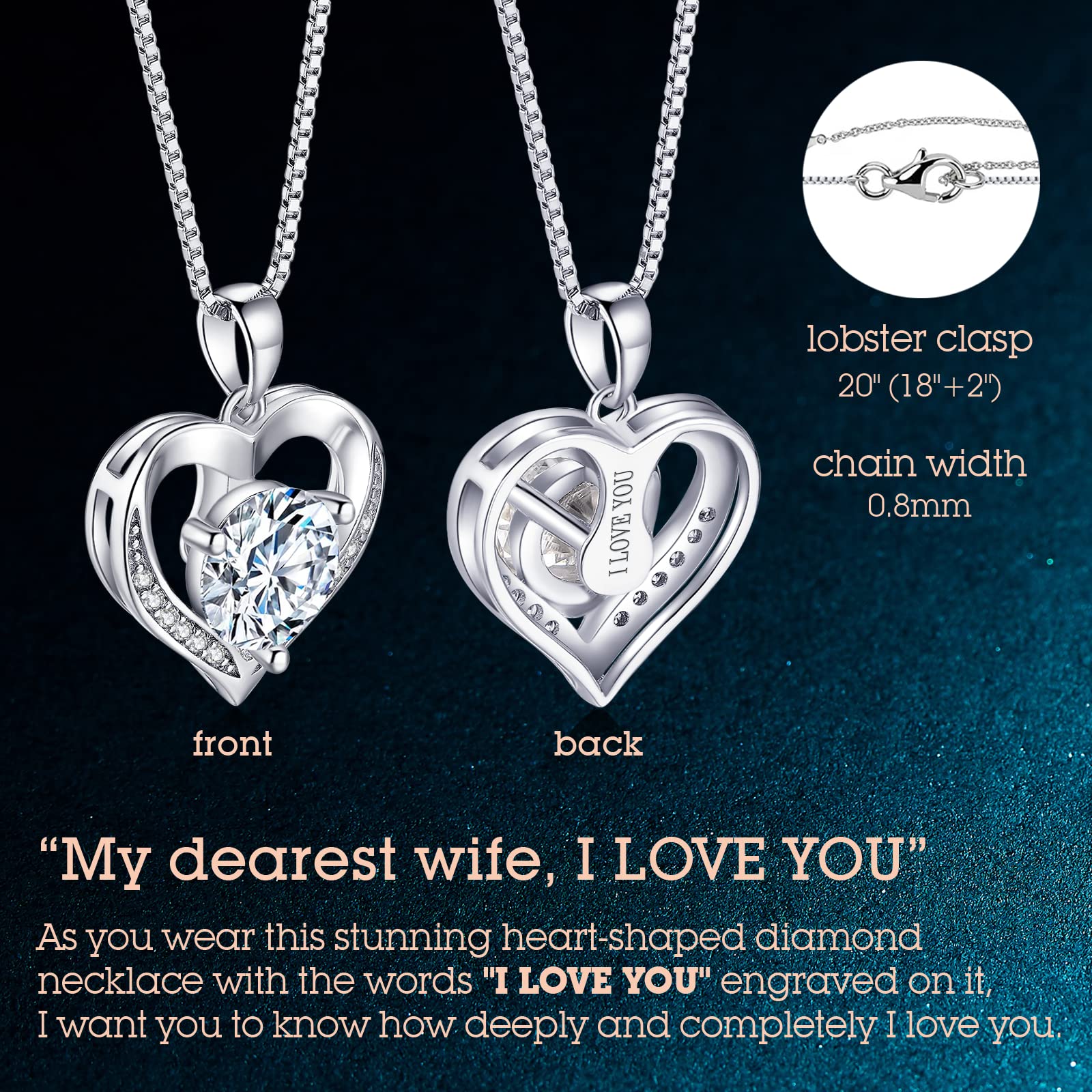 ONLYLIKE Heart Pendant Necklace Gifts for Wife, Engraved 'I LOVE YOU' Gift for Wife, 1 Carat Moissanite Necklace, Anniversary Eternity Jewelry Present for Wife, Birthday Gifts for Women