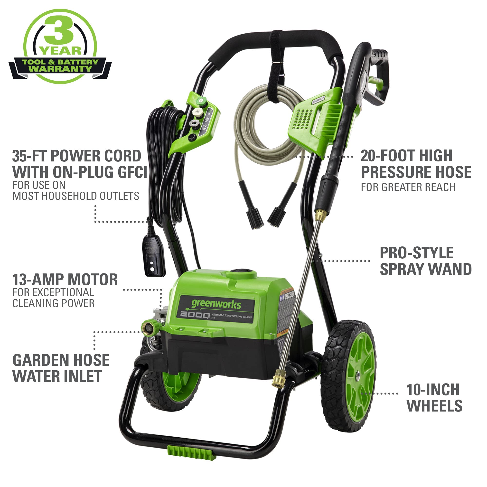 Greenworks 2000 Max PSI @ 1.1 GPM (13 Amp) Electric Pressure Washer (Black Frame) PWMA Certified, Green