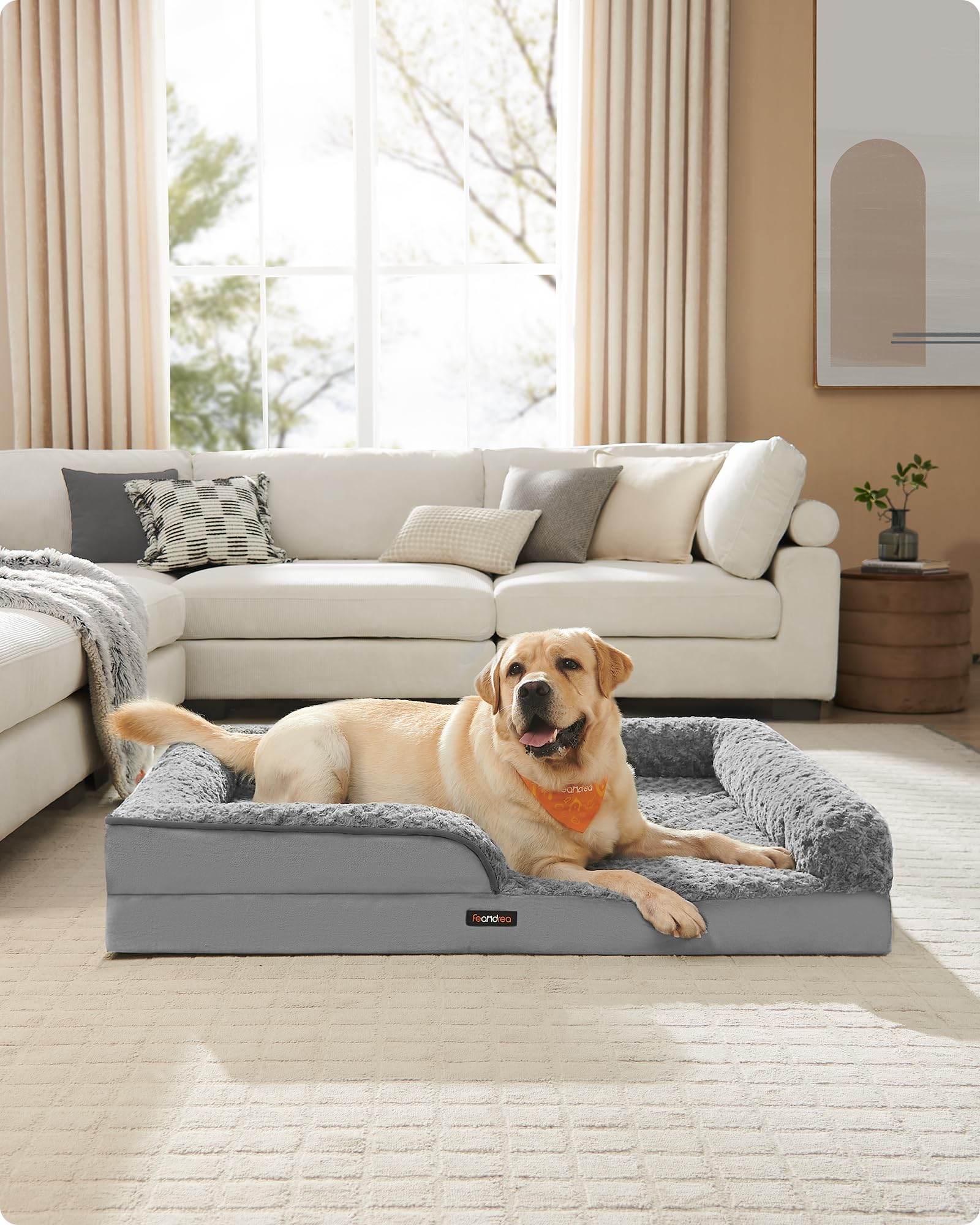 Feandrea Orthopaedic Dog Bed for Large Dogs, Waterproof Dog Sofa Bed with Removable Washable Cover, 36 x 27 x 6.5 Inches, Dove Gray UPGW252G01