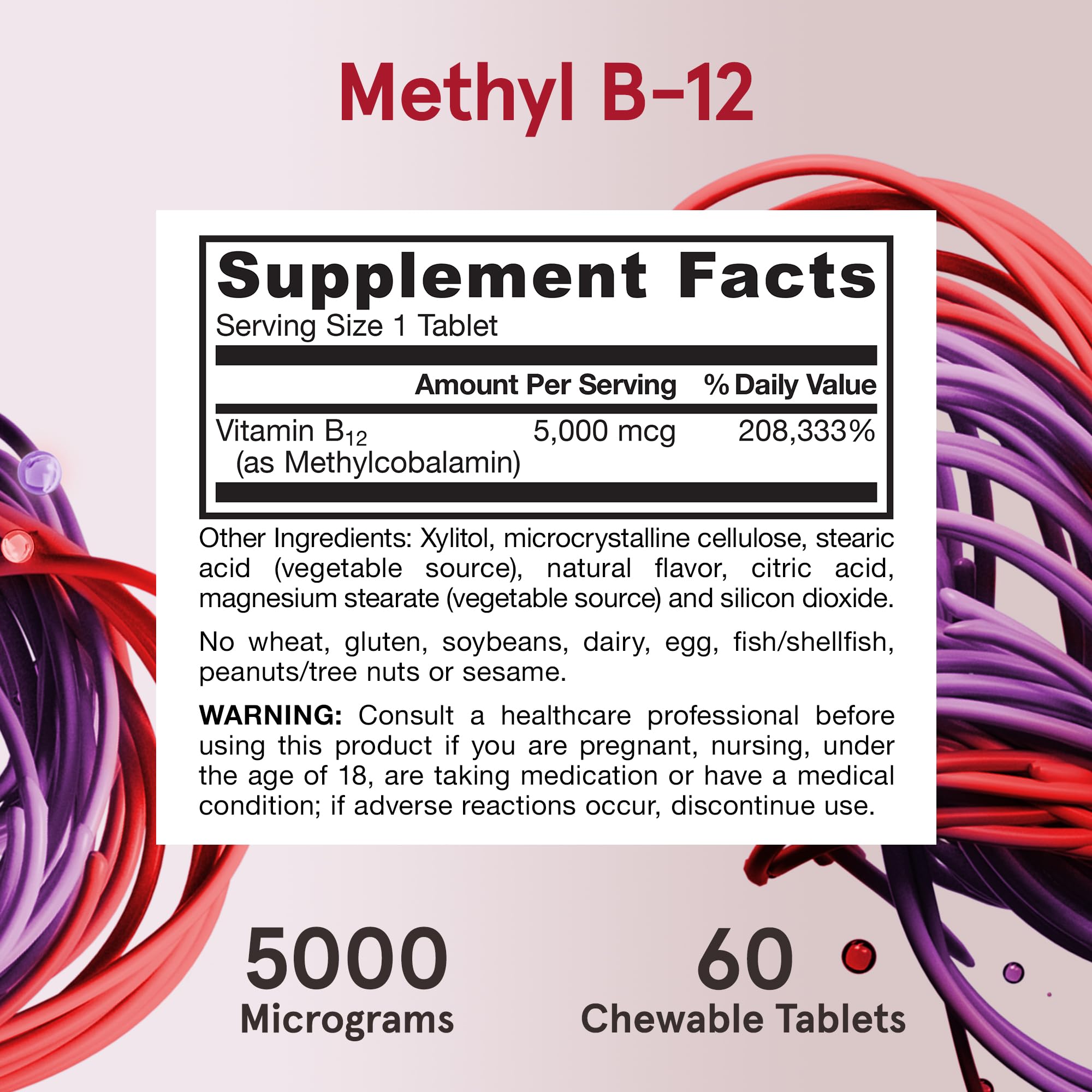 Jarrow Formulas Maximum Strength Methyl B-12 5000 mcg, Dietary Supplement for Cellular Energy Production and Brain Health Support, 60 Cherry-Flavored Chewable Tablets, 60 Day Supply