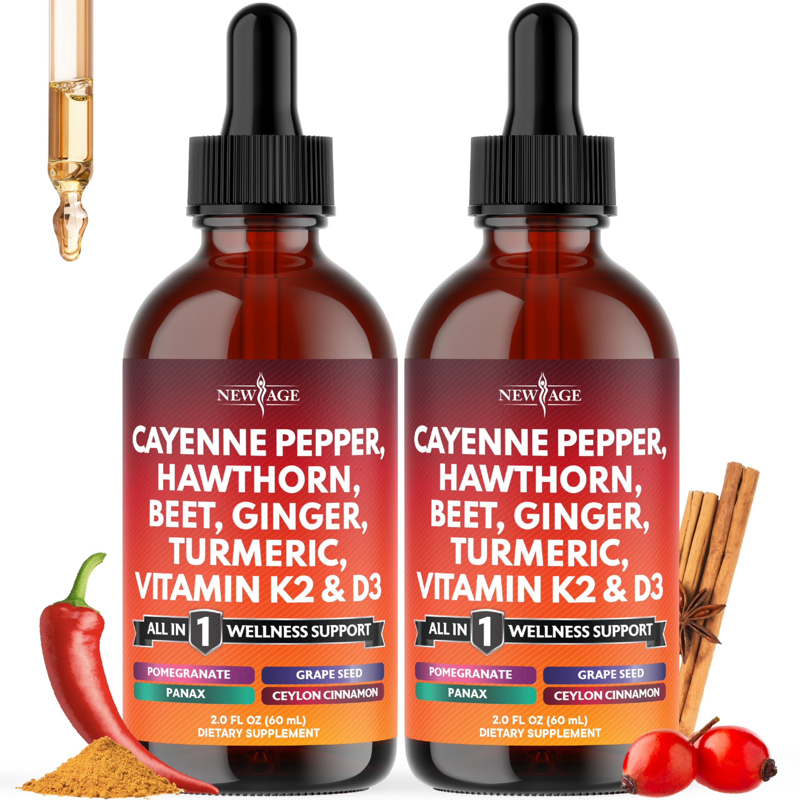 Cayenne Pepper Supplement Liquid Drops + Hawthorn Berry, Vitamin D3 K2 Beet Root Powder, Ceylon Cinnamon, Turmeric Curcumin, Organic Panax Ginseng - 4oz