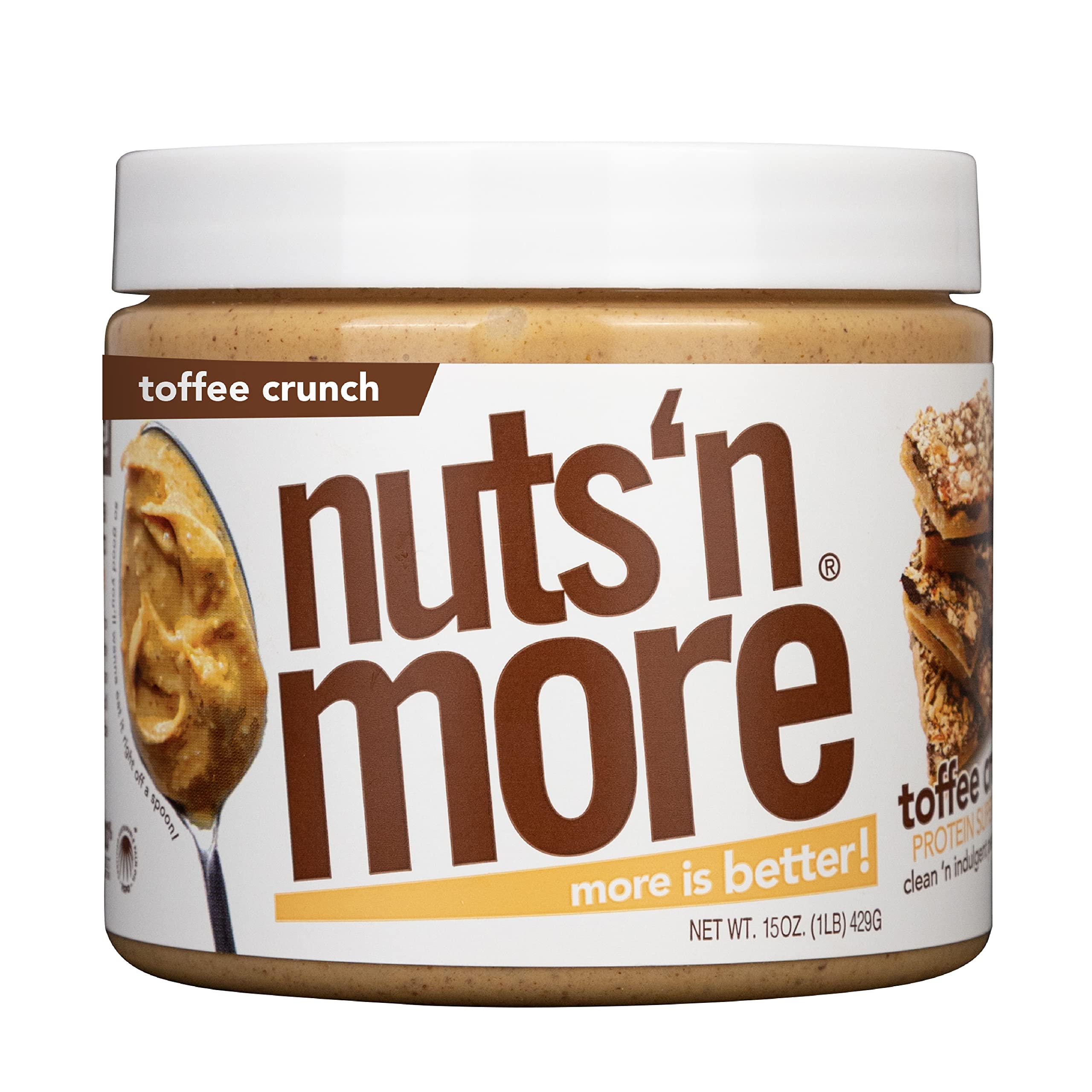 Nuts ‘N More Toffee Crunch Peanut Butter Spread, Added Protein All Natural Snack, Low Carb, Low Sugar, High Protein Flavored Nut Butter (15 oz Jar)