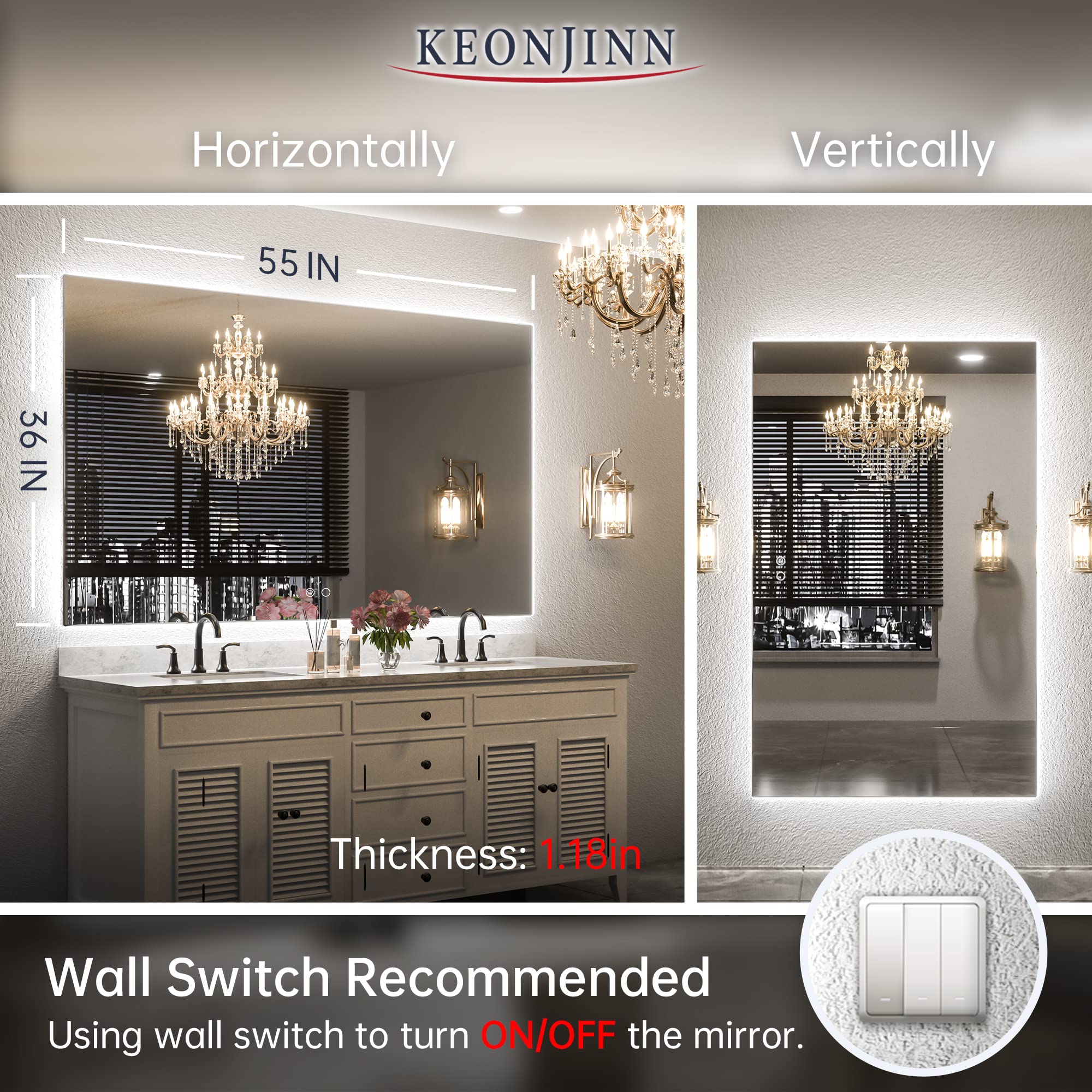 Keonjinn 55 x 36 Inch LED Bathroom Mirror with Lights Backlit Vanity Mirror Large Dimmable Wall Mounted Lighted Bathroom Mirror Anti-Fog Makeup Mirror with Memory Function(Horizontal/Vertical)