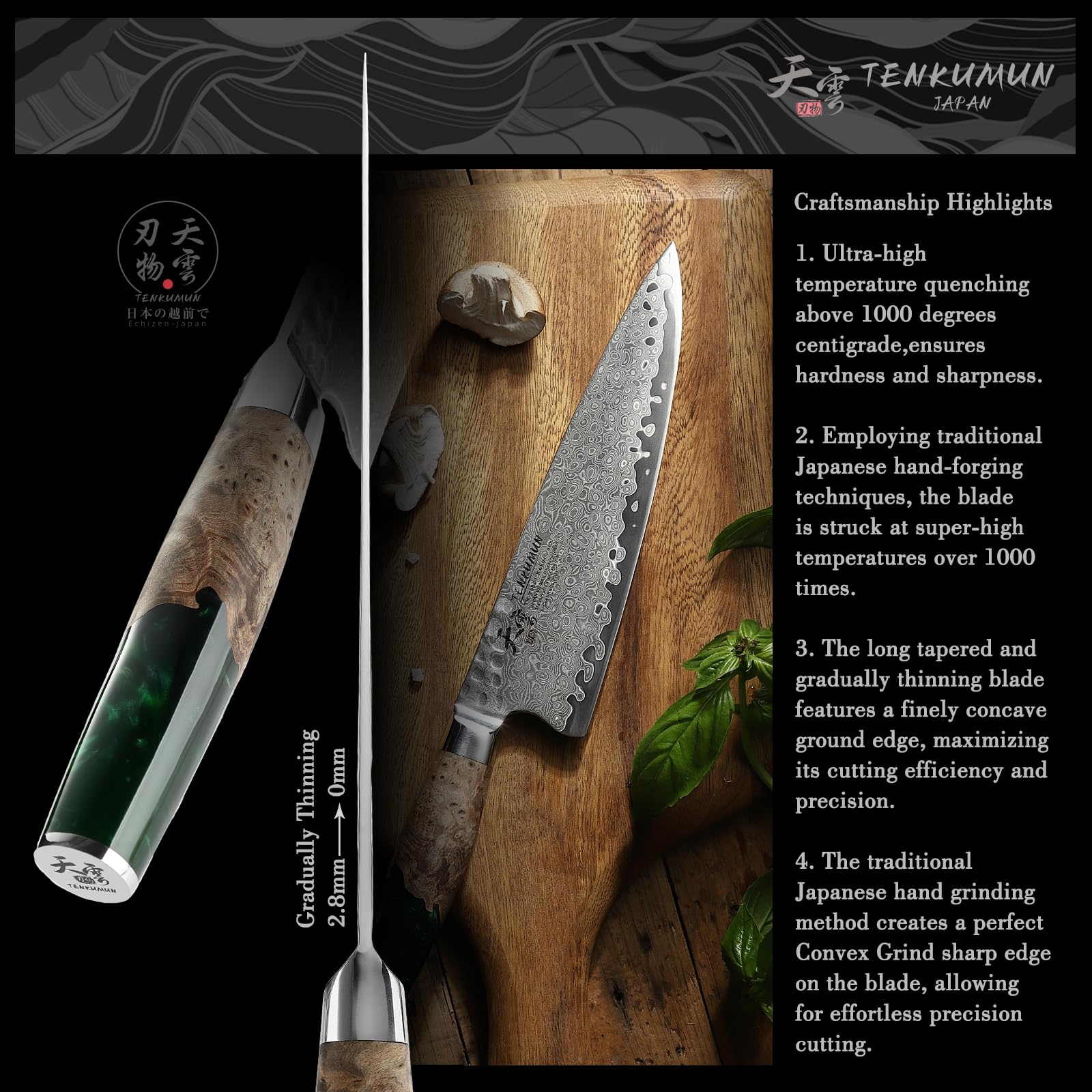 Tenkumun Japanese Gyutou Pro. Handcrafted 8 inch Chef Knife Handmade Forged Knife Japan VG-10 MAX Damascus Steel -Kokoro ser. with Wood Handle