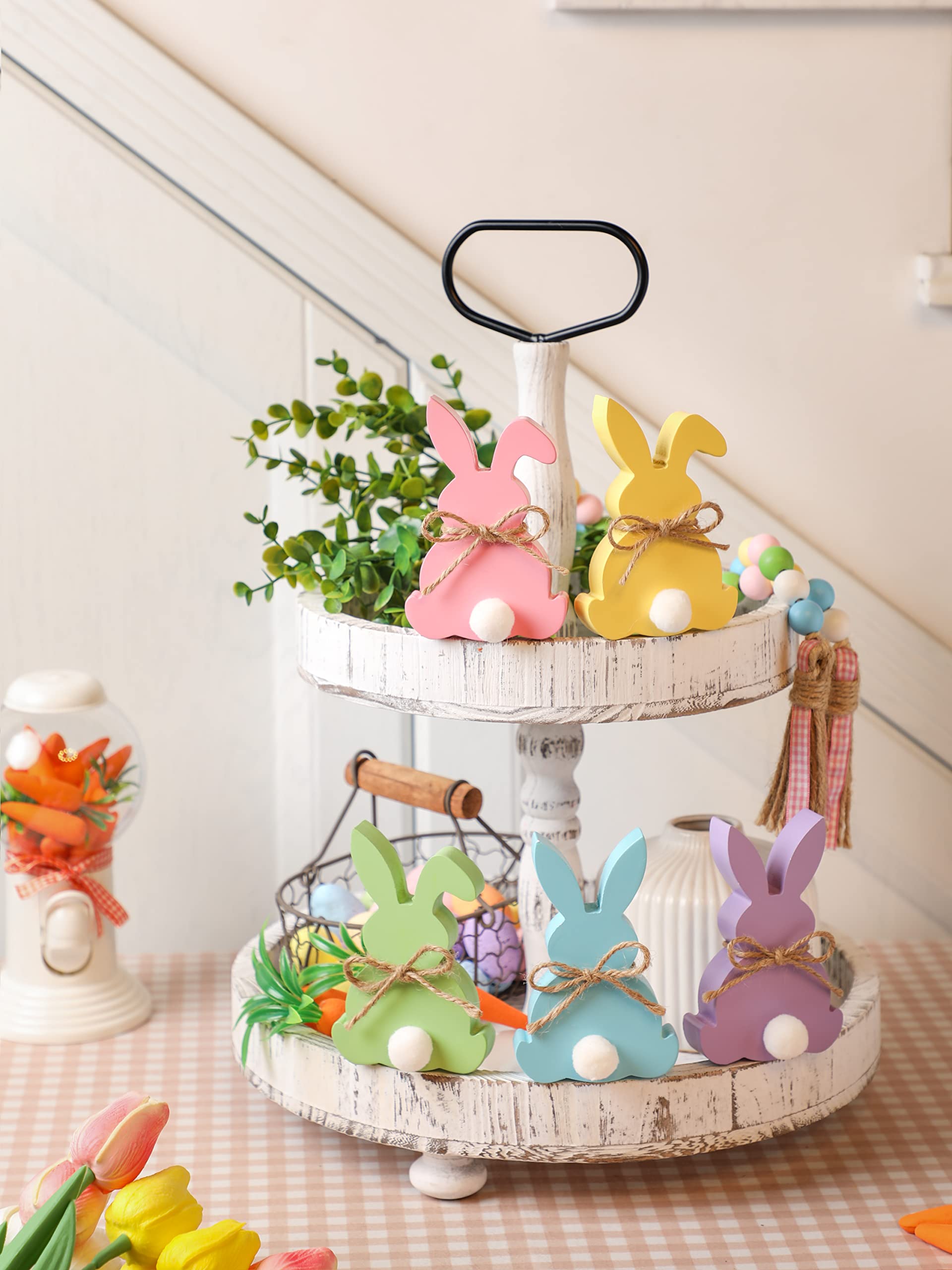 Easter Decorations, 5pcs Wooden Easter Bunny Table Sign with Jute Rope, Easter Wood Tiered Tray Decor Freestanding Easter Table Decorations