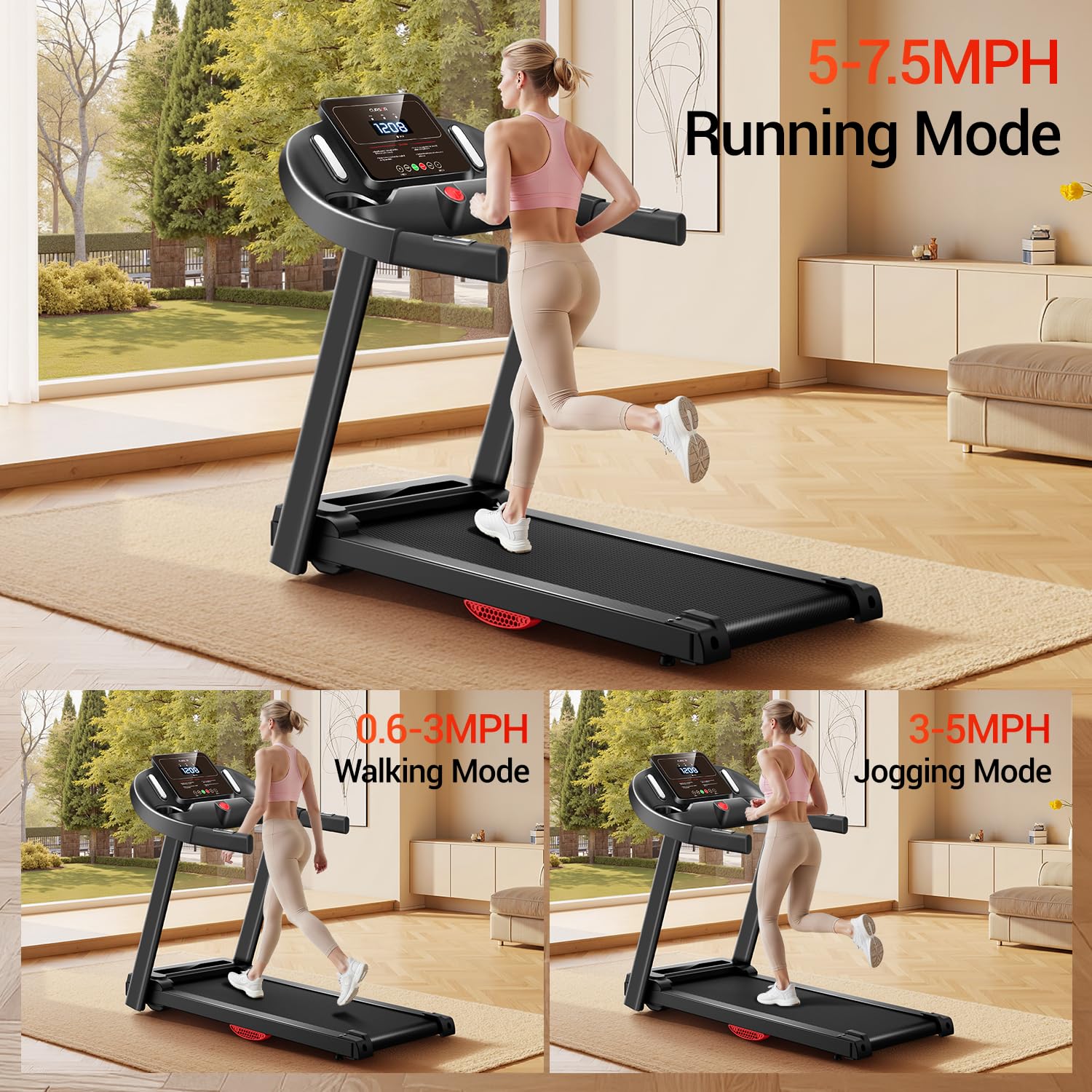 CURSOR FITNESS Home Folding Treadmill with Pulse Sensor, 2.5 HP Quiet Brushless, 7.5 MPH, 265 LBS Capacity