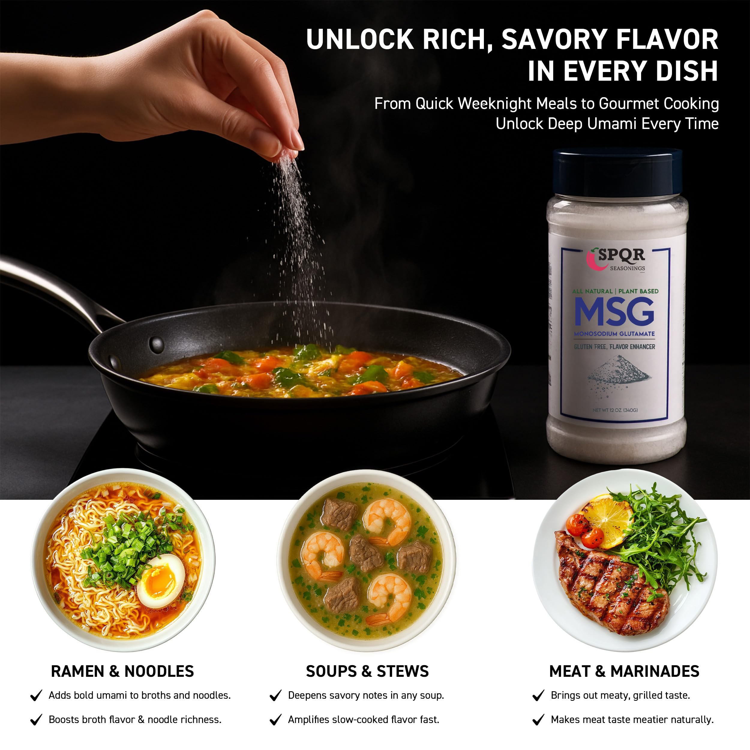 Plant Based MSG Seasoning Monosodium Glutamate XL 12 Ounce Bottle Gluten Free Restaurant Grade Flavor Enhancer by SPQR Seasonings
