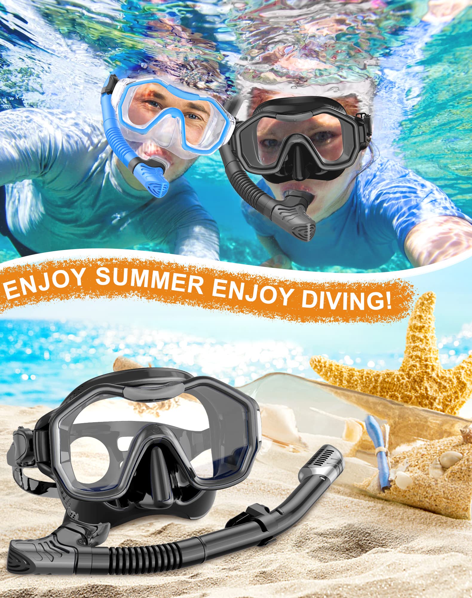 Snorkeling Gear for Adults, Kwambiri Dry-Top Snorkel Mask, 180°Panoramic Wide View Snorkel Mask Adult Snorkel Set for Snorkeling Scuba Diving Swimming Travel