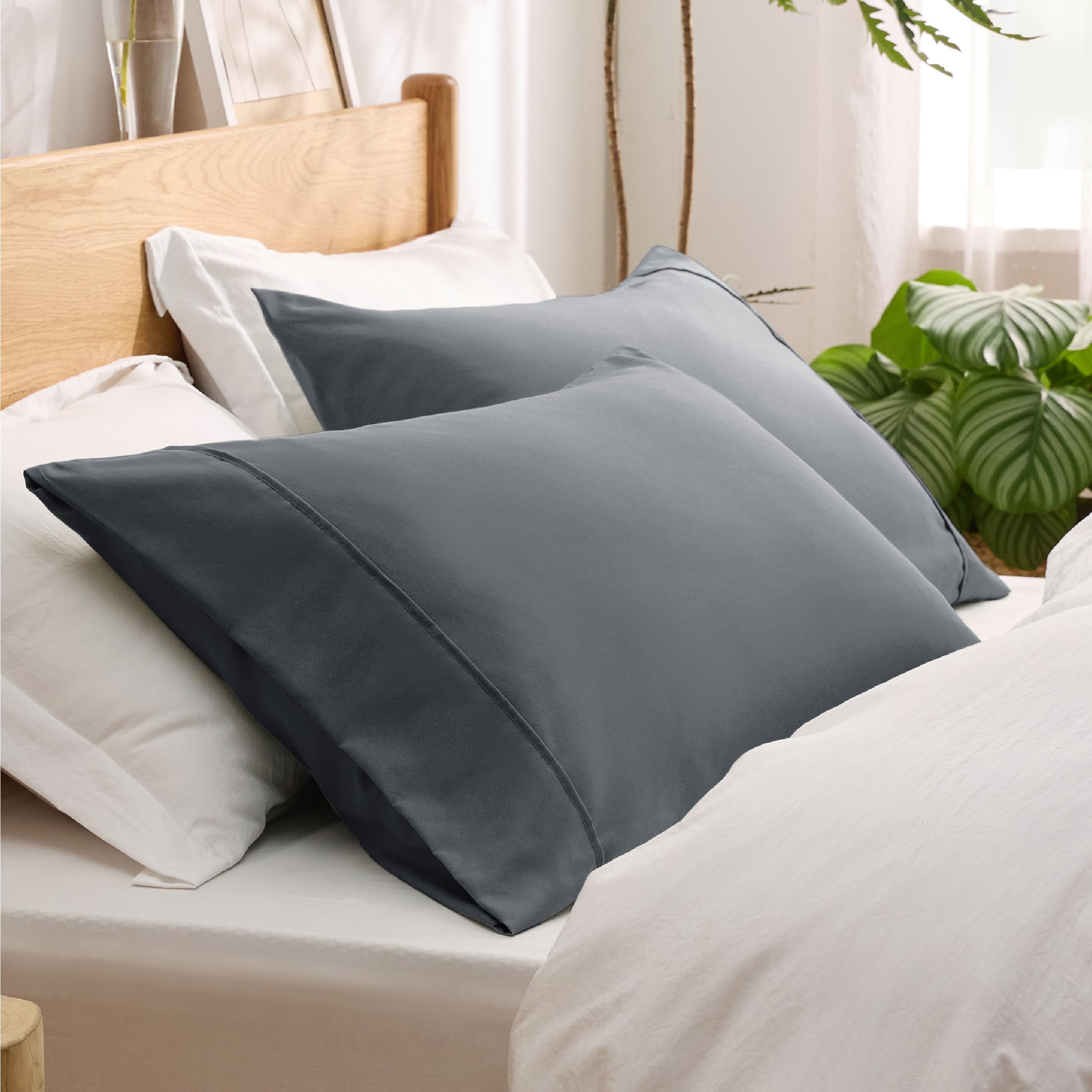Bedsure Queen Pillow Cases Set of 2 - Dark Grey Polyester Microfiber Pillowcase 2 Pack, Super Soft and Cozy Gray Pillow Case Covers with Envelop Closure, 20x30 Inches