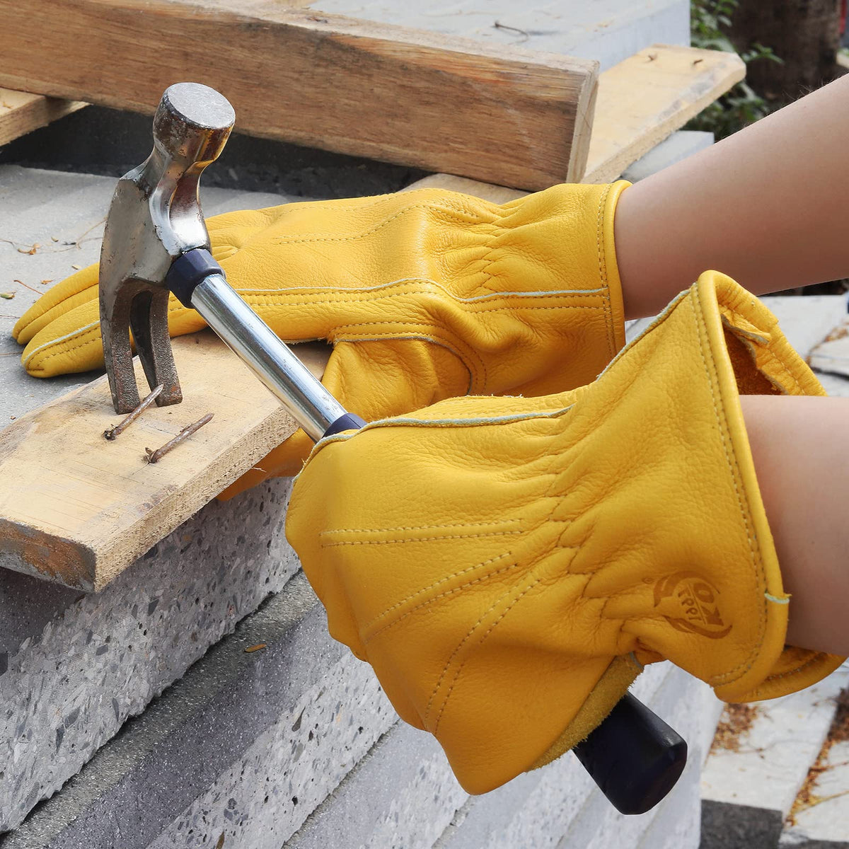 KKOYING Leather Work Gloves for Men & Women, Gardening Gloves, Reinforced Durable Cowhide Work Gloves, Puncture & Cut Resistant (Medium)