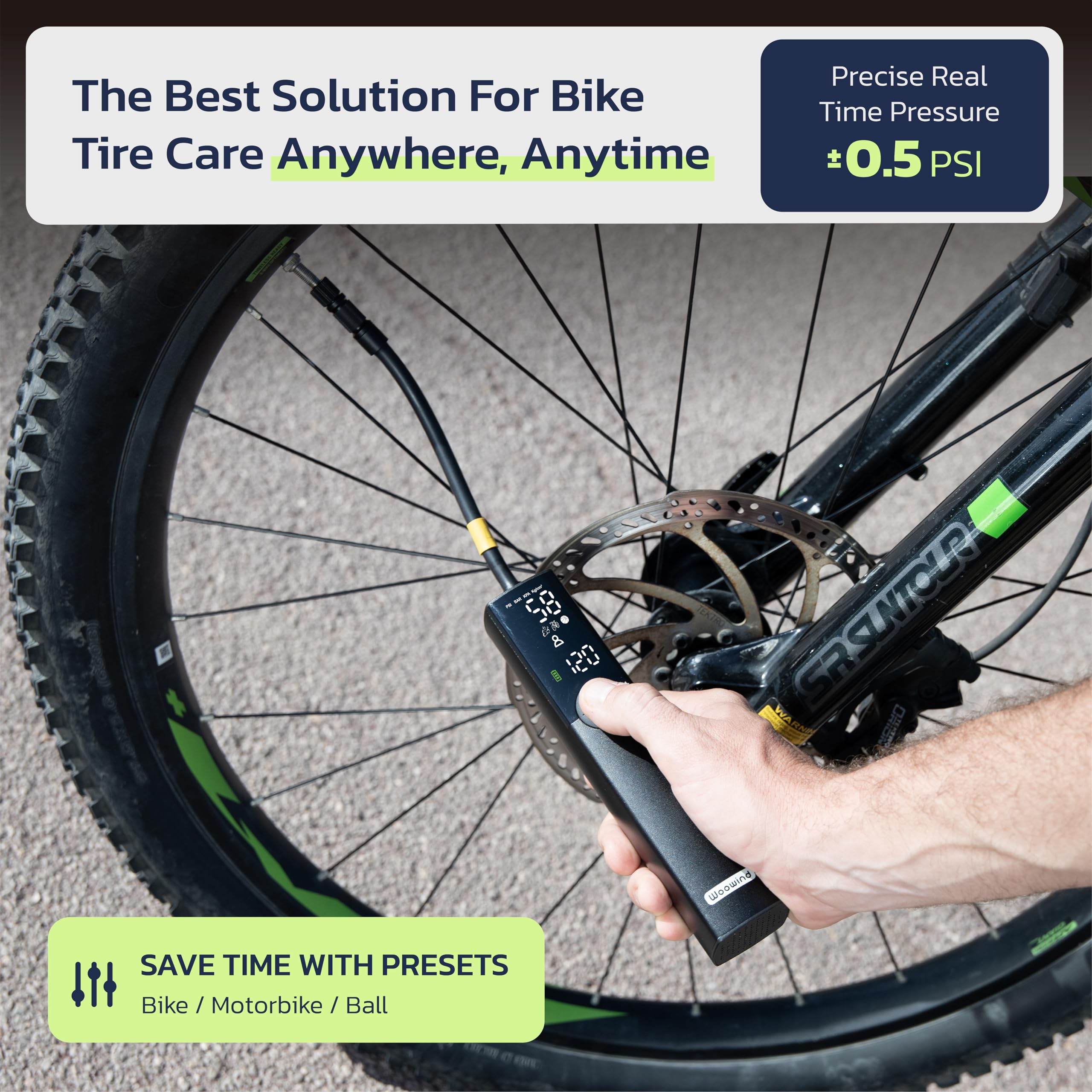 Woowind BP188 Bike Pump, The Pro Electric Bicycle Pump Tire Inflator Portable Air Compressor with Schrader, Presta and Dunlop Valve Adapters - 120 PSI (Black)
