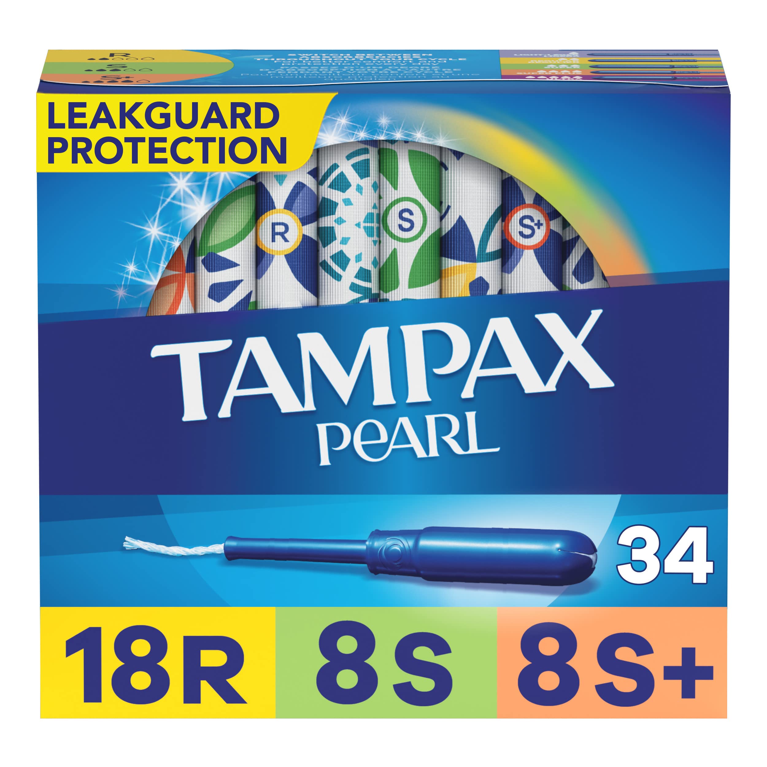 Tampax Pearl Tampons Multipack, Regular/Super Plus Absorbency, With Leakguard Braid, Unscented, 34 Count