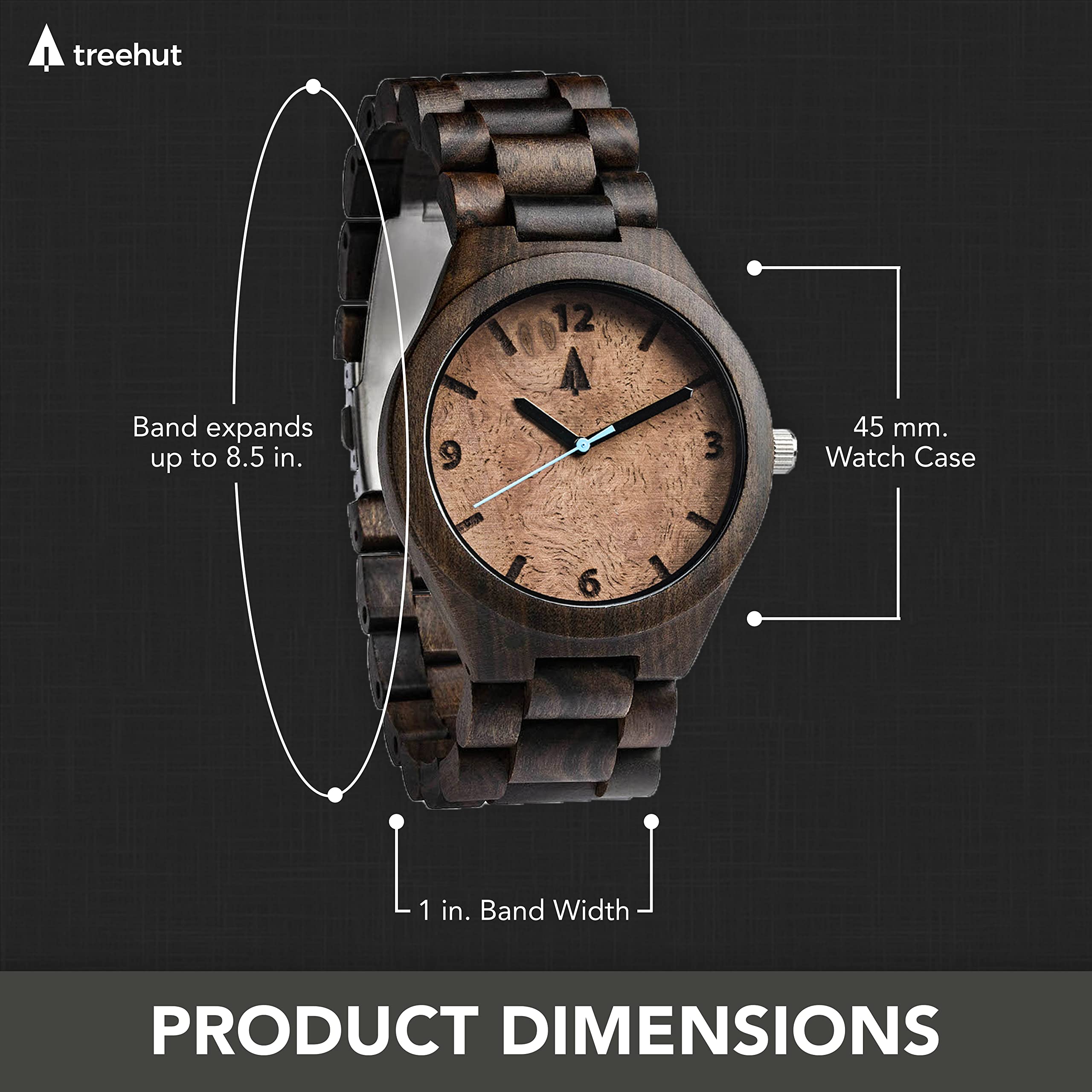 treehut Wooden Watches for Men, Japanese Quartz Movement, Stylish Exotic Wrist Watch with Stainless Steel Buckle, Adjustable Straps, Watch Made from Ebony Wood, Relojes para Hombre