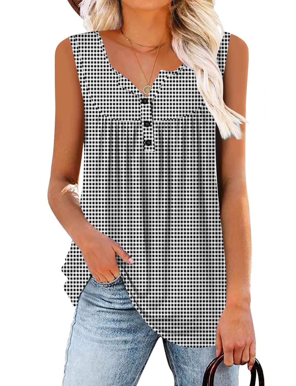 BETTE BOUTIK Plaided Summer Tank Tops for Women Black Sleeveless Blouse Henley Tank Tops Women Sleeveless Tunic Women SmallPlaid Large