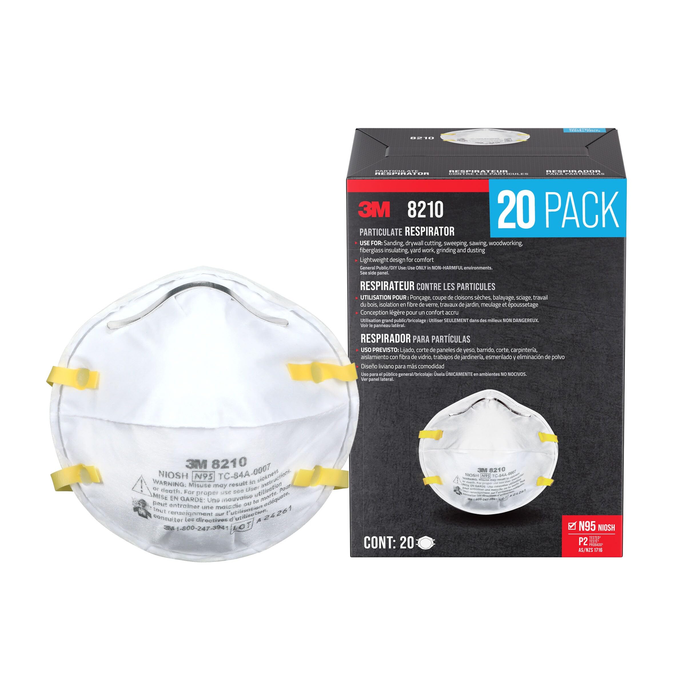 3M N95 Performance Respirator 8210, 20 Pack, Drywall Sanding, NIOSH-APPROVED N95, Advanced Filter Media For Easy Breathing, Cushioning Nose Foam, Adjustable Noseclip, Stretchable Straps (8210D20-DC)