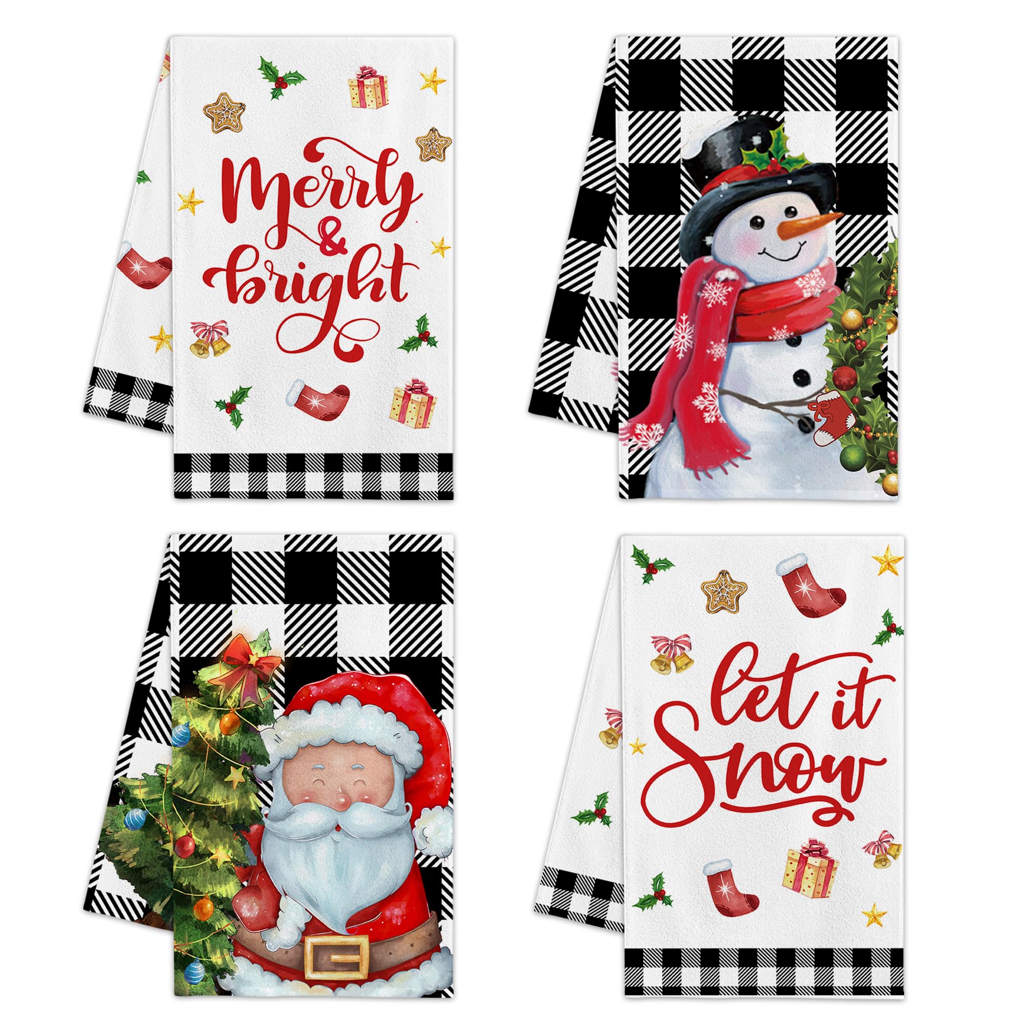 Christmas Kitchen Towels Sets of 4 - Christmas Hand Towels Bathroom - Christmas Dish Towels Microfiber Tea Dishcloths - Christmas Decor Winter Black Buffalo Plaid Xmas Housewarming Hostess Gifts