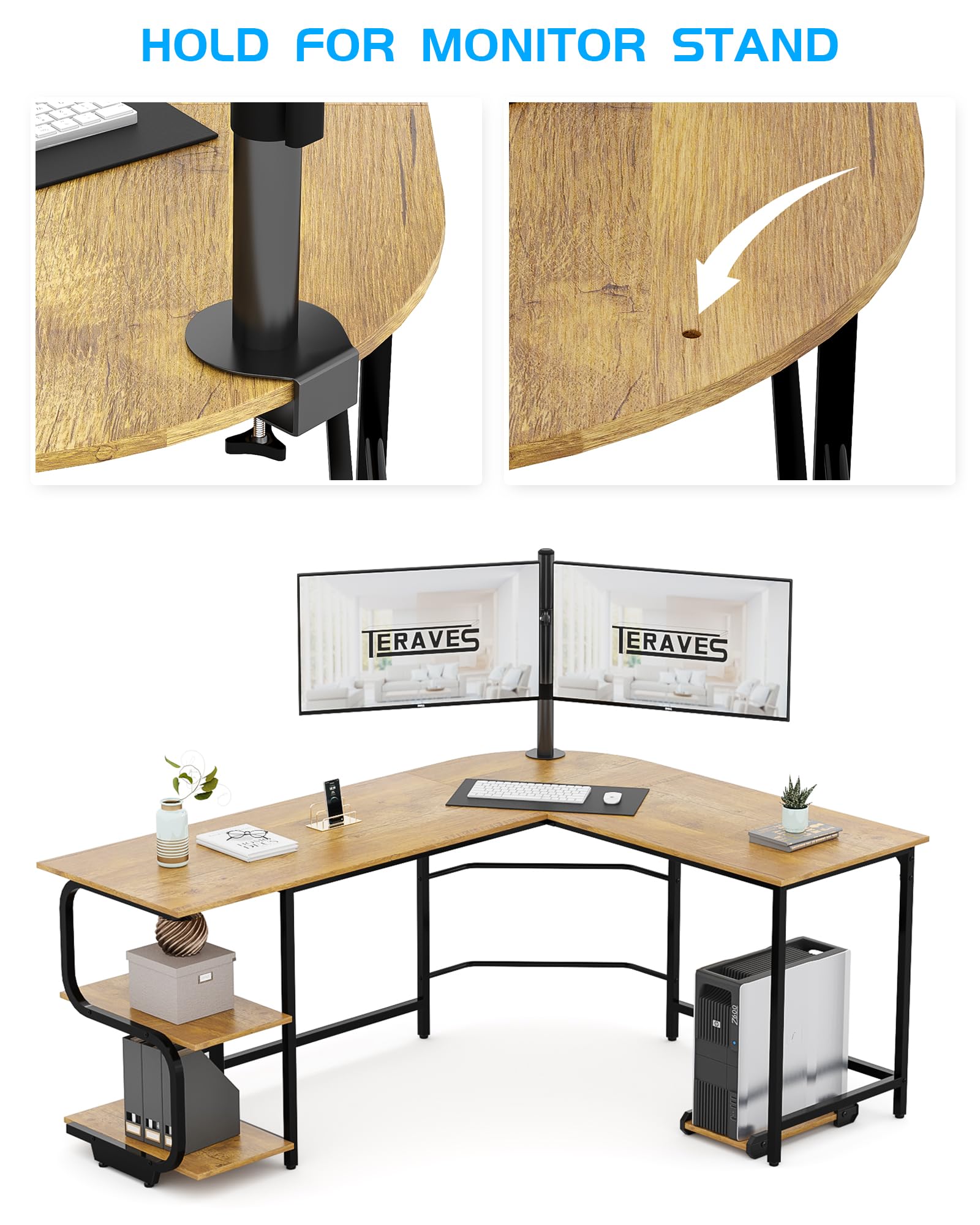 Teraves Reversible L Shaped Desk with Large Surface, 69 Inch Sturdy Corner Desk with Storage Shelves, Premium Office Computer Desk for Home Office Gaming