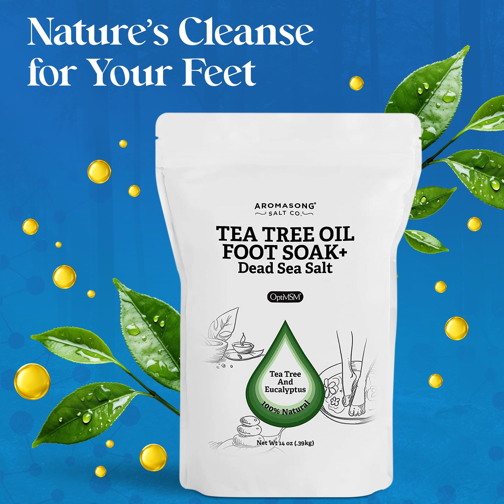 Aromasong Tea Tree Foot Soak with Magnesium Flakes and Dead Sea Foot Soaking Salts - Pedicure Tea Tree oil foot Soak for Dry Cracked Feet-Athlete's Callus Remover- Eliminates Odor- Packaging may vary
