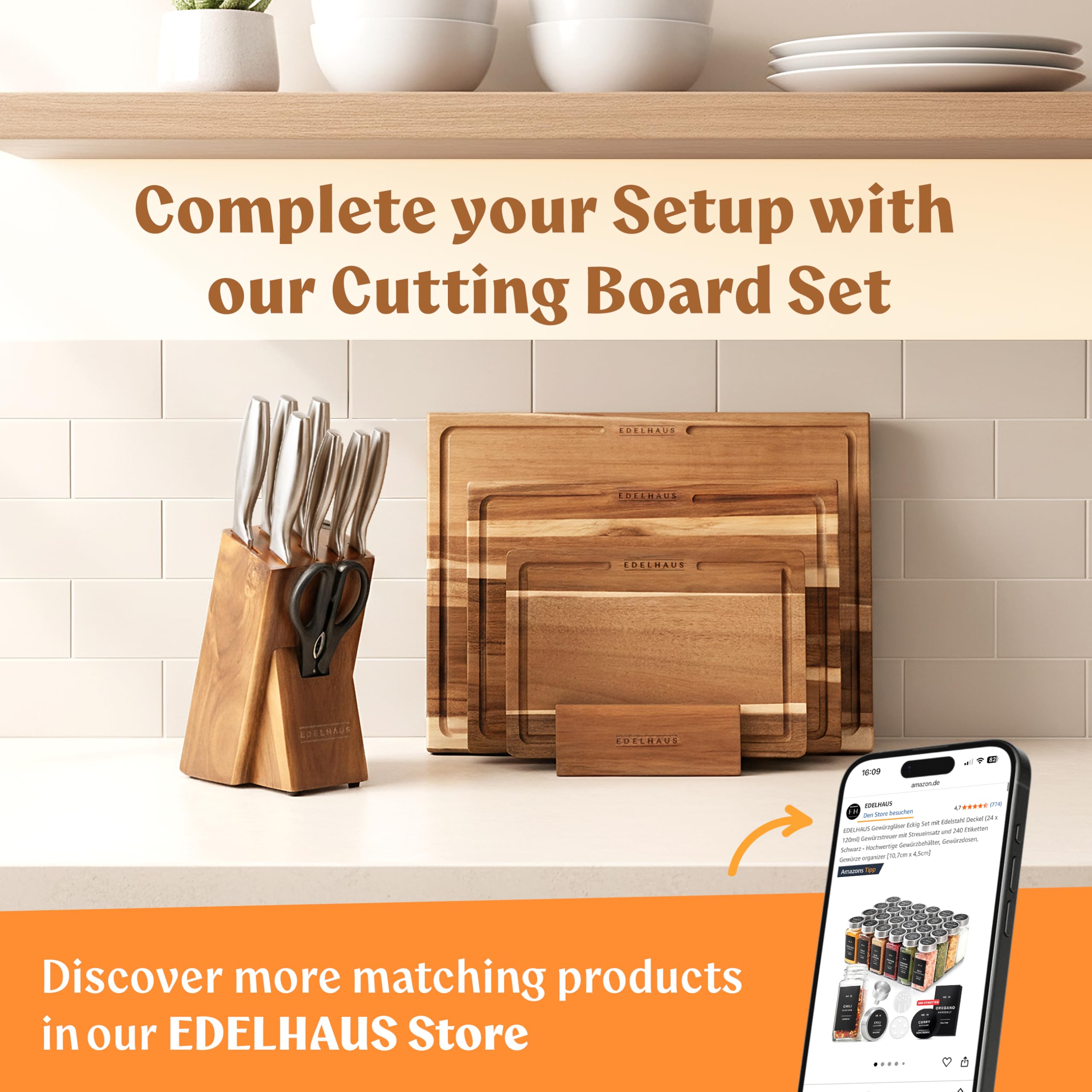 EDELHAUS Knife Set with Block – 9 pcs Stainless Steel Kitchen Knife Block Set - Professional Knife Block with Sharpener and Scissors - Kitchen Knife Set with Acacia Wood Block & Steel Handles