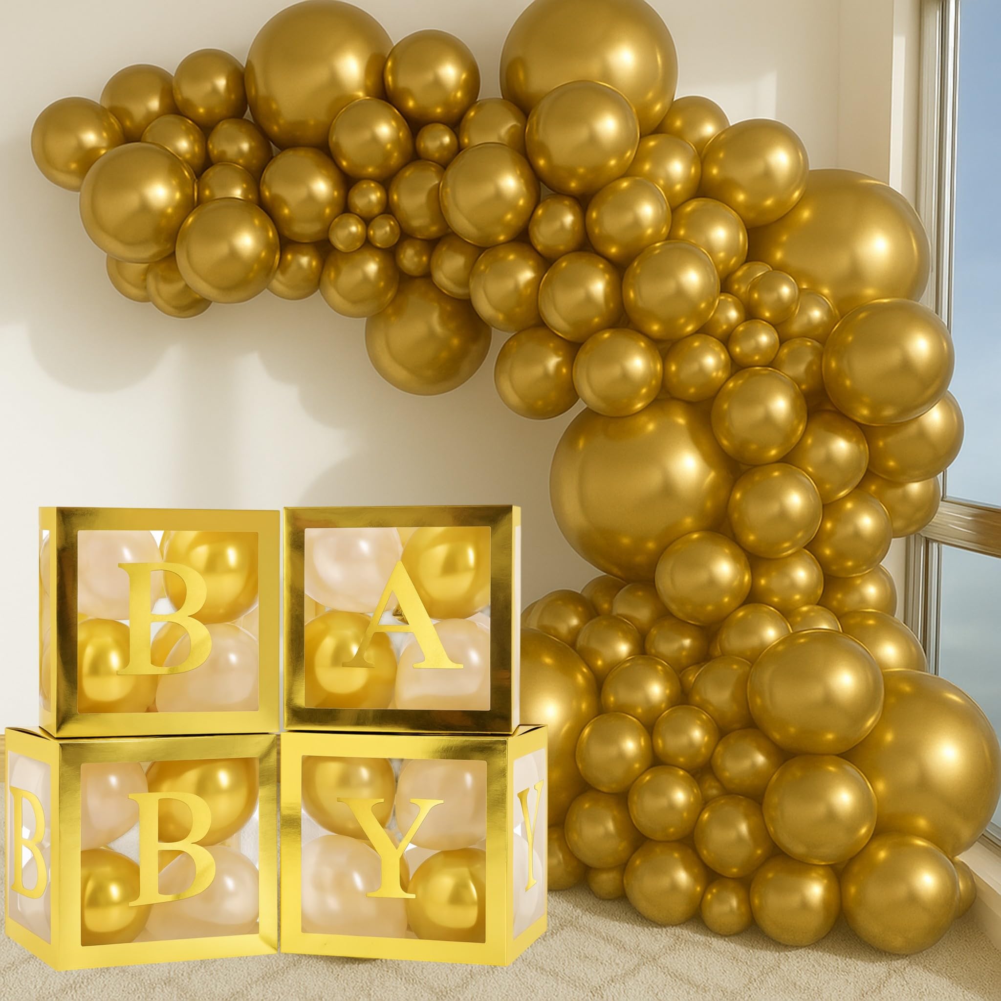 Balloon Garland Arch Kit – 146 Pcs Metallic Gold Balloons & Baby Shower Boxes with Letters – Gold Boxes with Gold & White Balloons