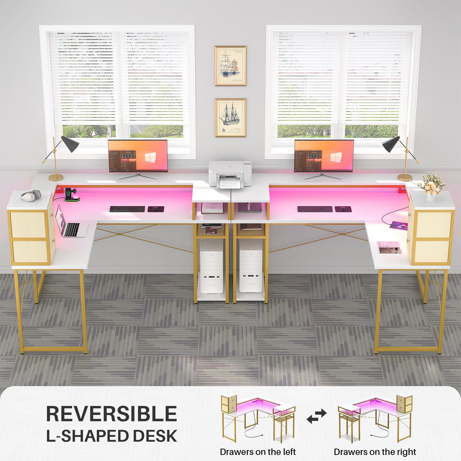 armocity L Shaped Desk with Drawers, Reversible Corner Computer Desk with LED Light & Power Outlet, 55.2'' L-Shaped Gaming Desk with Long Monitor Shelf, Home Office Desk for Small Corner Space, White