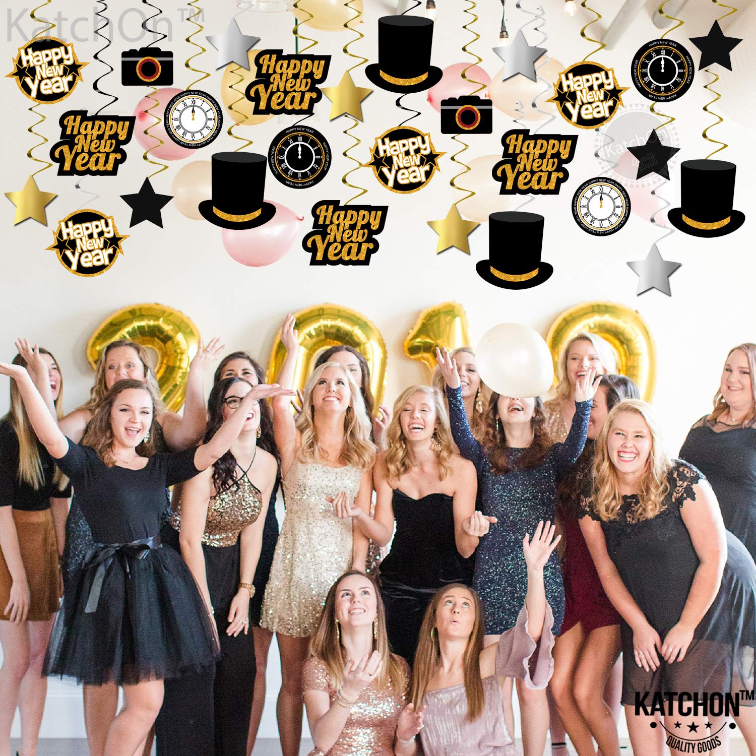 KatchOn, Happy New Year Hanging Swirls - Pack of 30 | Black and Gold New Years Eve Party Supplies 2025 | Happy New Year Decorations 2025 | New Years Hanging Decorations | New Years Eve Decorations