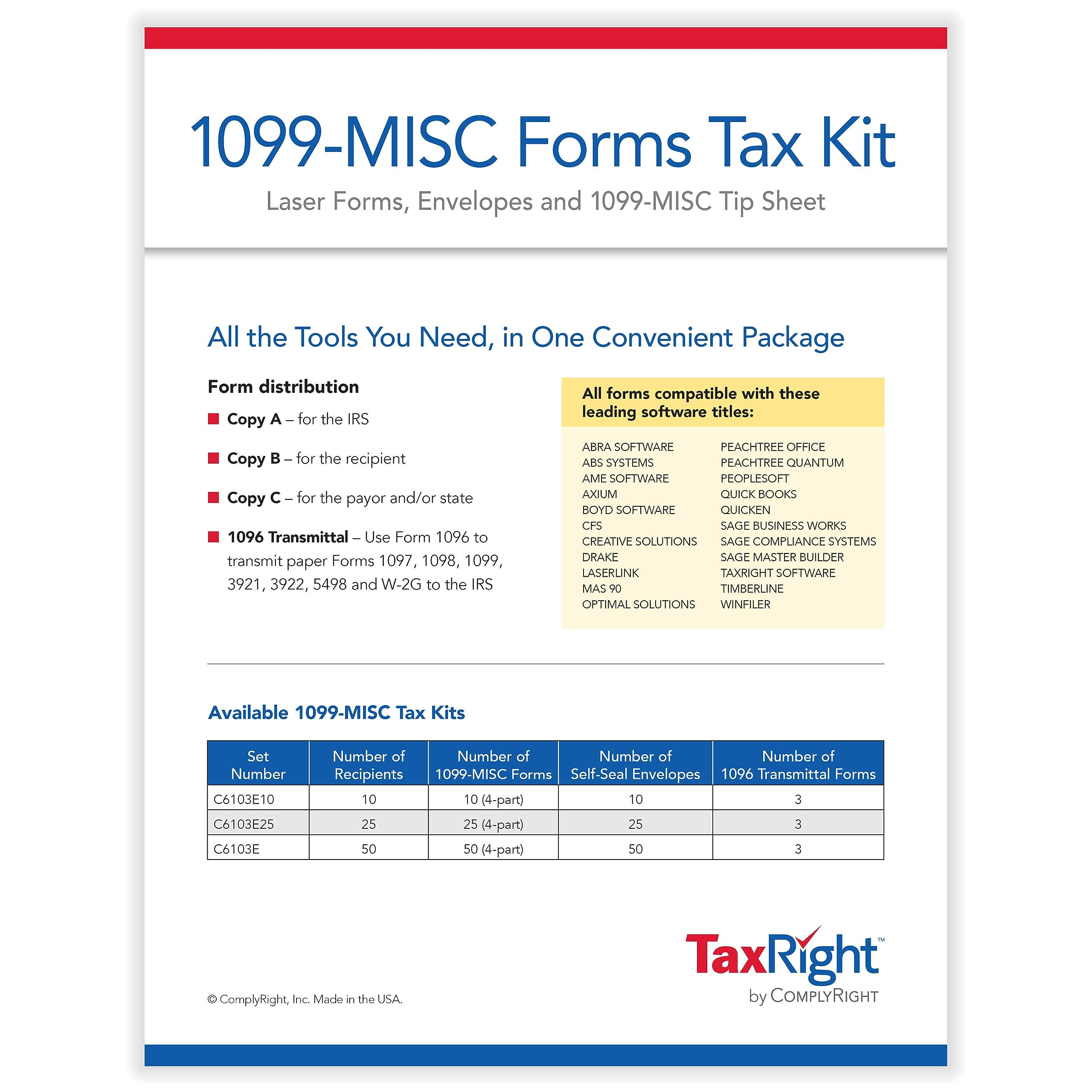 ComplyRight 2024 TaxRight 1099-MISC Tax Kit (4-Part) | 25 Recipients |Self-Seal Envelopes Included (No Software)