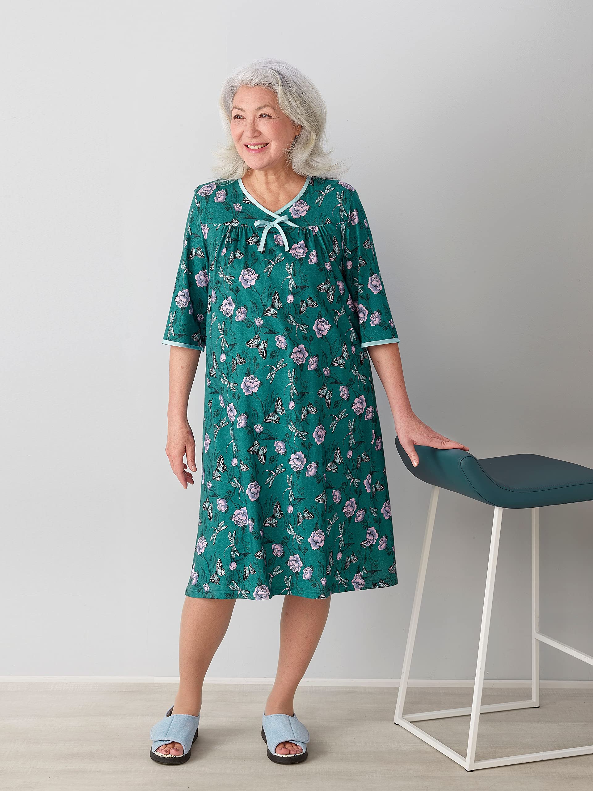 Silverts Hospital Gowns for Women Open Back, Night Gowns for Elderly Women, Adaptive Clothing for Seniors, Elderly Nightgowns, Dementia Clothing - Dragonfly Floral MED