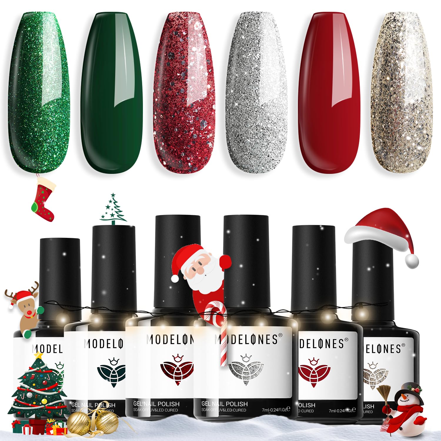 modelones Christmas Gel Nail Polish Set 6 Colors, Winter Sparkle Dark Green Red Glitter Silver Champagne Rose Gold New Year Shades Shopping Gel Polish Kit Fall Soak Off Nail Art Manicure Home Gift