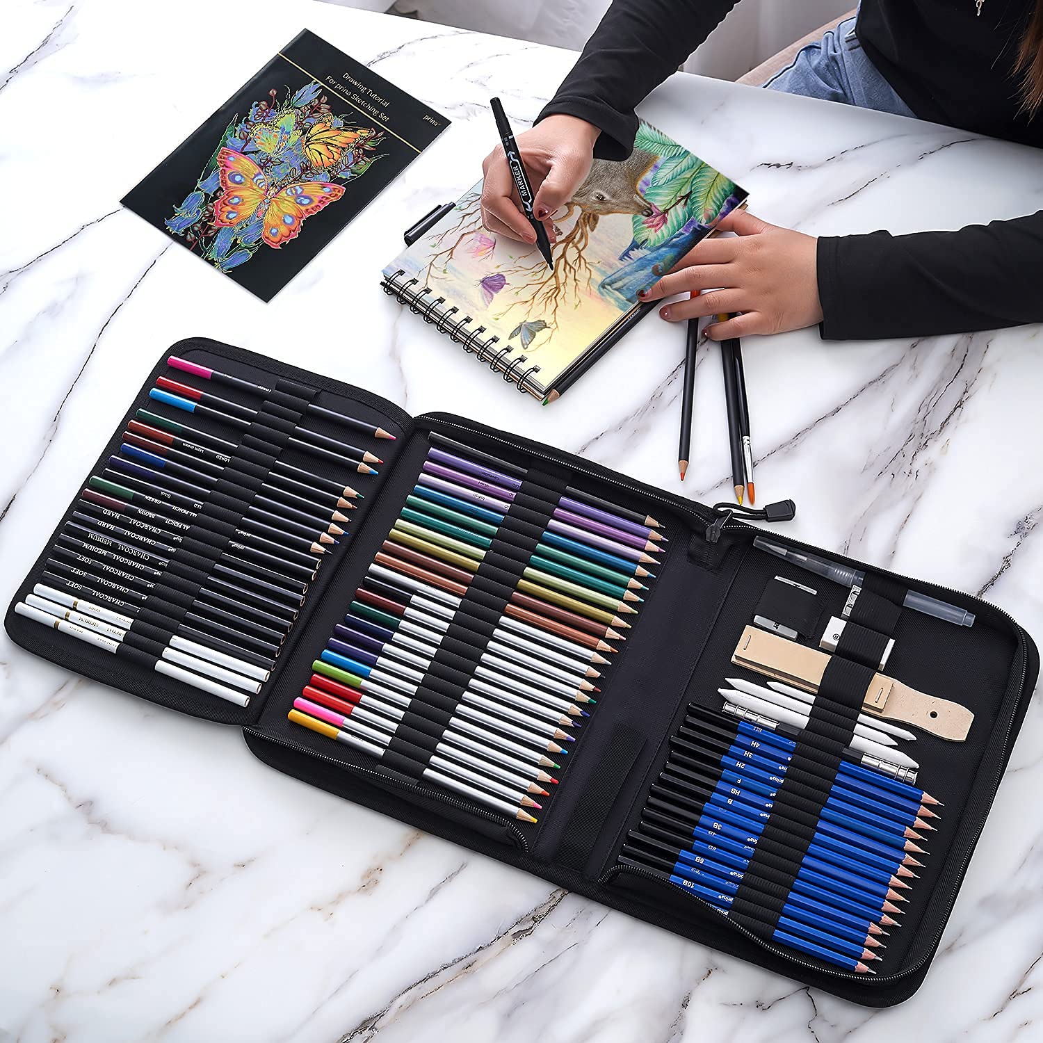 Prina 76 Pack Drawing Set Sketching Kit, Pro Art Supplies with 3-Color Sketchbook, Include Tutorial, Colored, Graphite, Charcoal, Watercolor & Metallic Pencil, for Artists Adults Teens Beginner