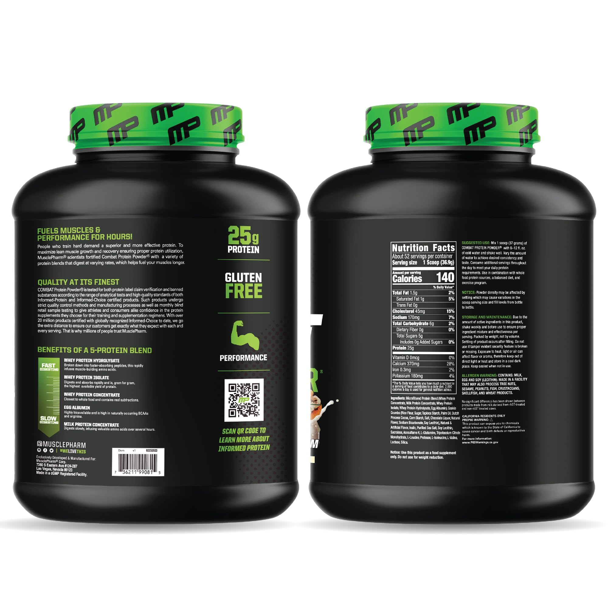 MusclePharm Combat Protein Powder, Cookies ‘N’ Cream Flavor, Fuels Muscles for Productive Workouts, 5 Protein Sources including Whey Protein Isolate & Egg Albumin, Gluten Free, 4 lb, 52 Servings