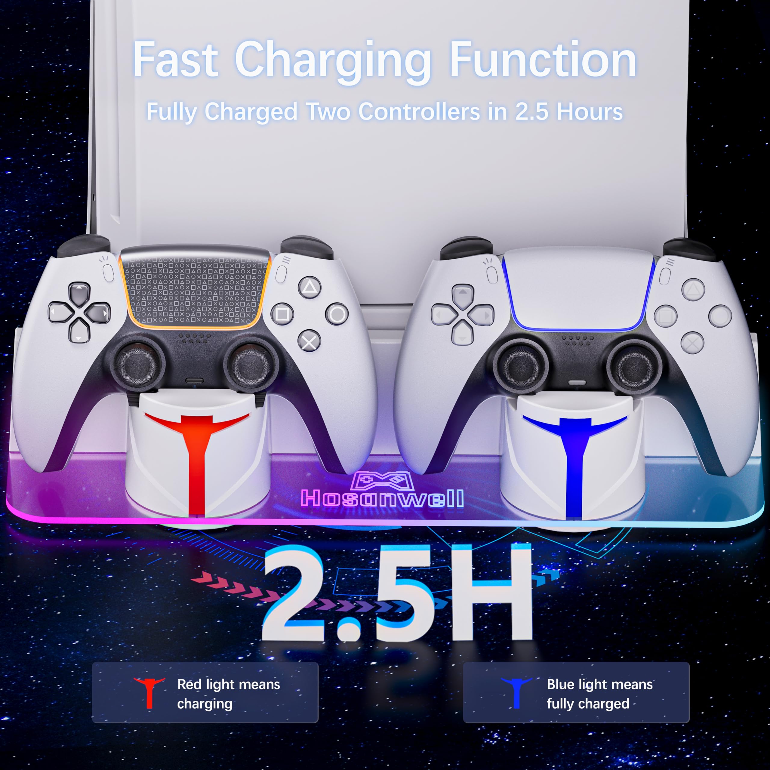 Hosanwell PS5 Wall Mount Kit with Charging Station, Compatible with PS5 and PS5 Slim Disc & Digital Version, Dual Use Charging Station with Multi-Mode RGB Light, White