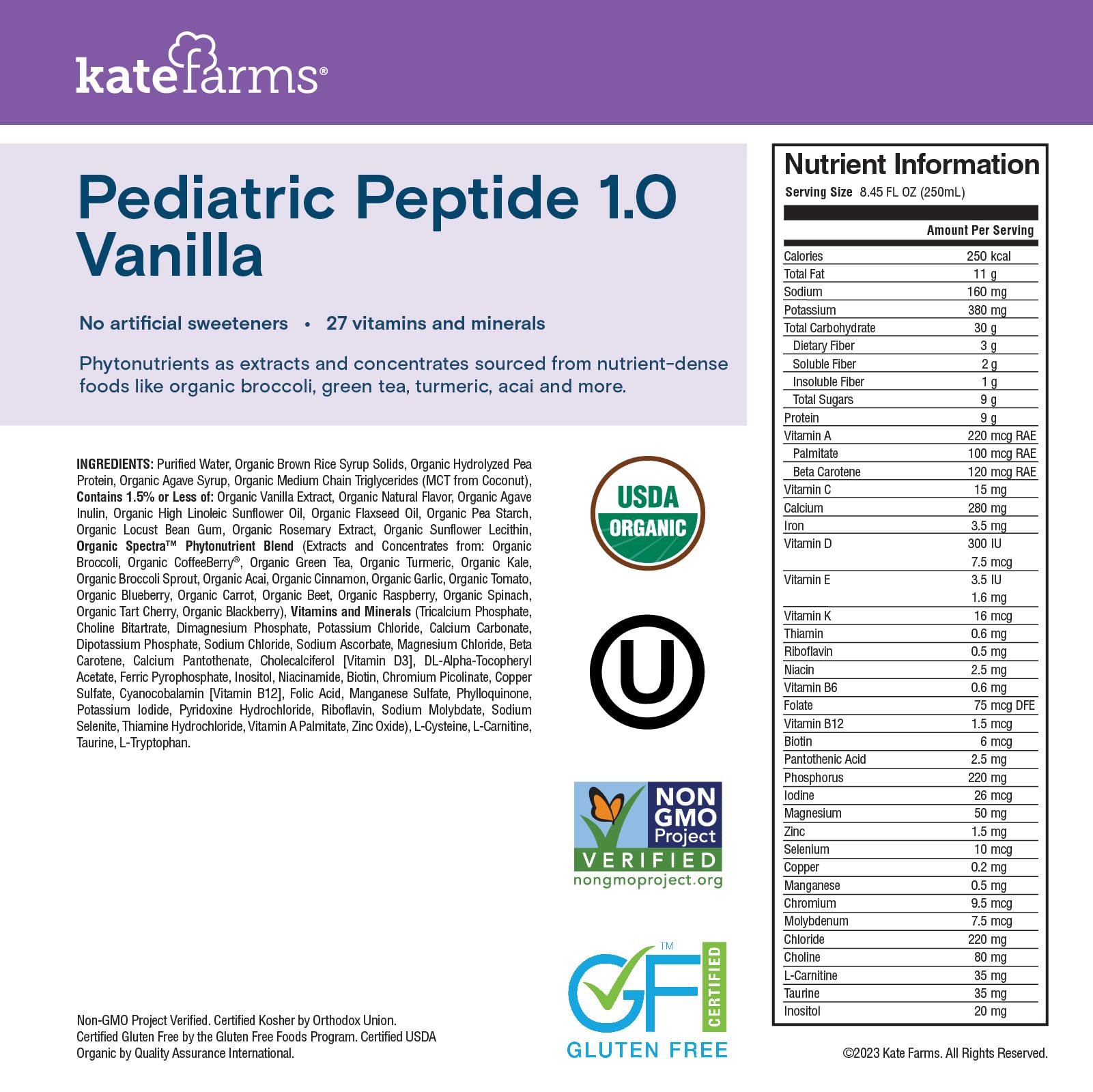 KATE FARMS Organic Pediatric Peptide 1.0 Formula, Vanilla, Sole-Source Hydrolyzed Plant-Based Nutrition for Oral or Tube Feeding, 8.45 oz (12 pack)