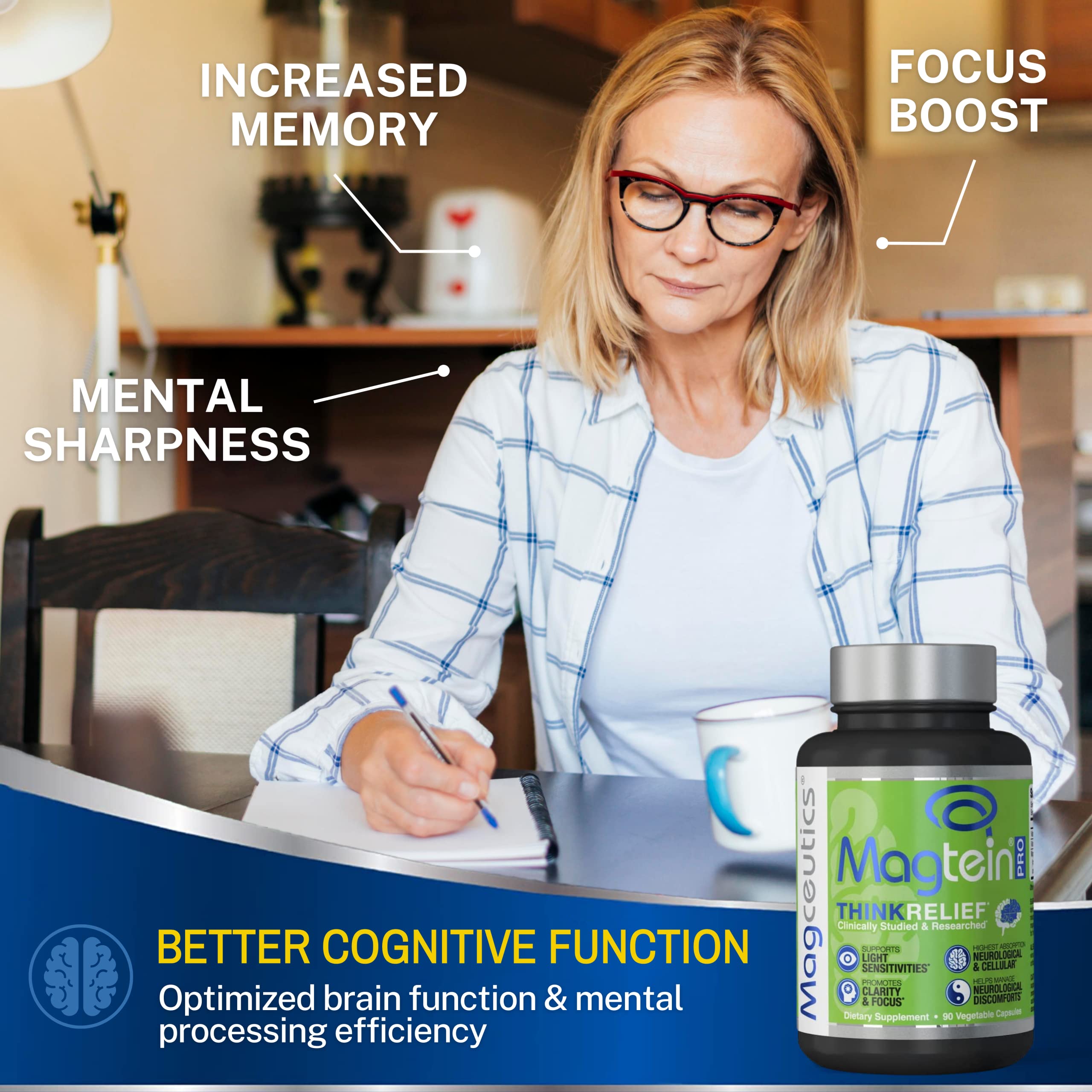MagteinPRO with Magnesium L-Threonate and Magnesium Acetyl Taurinate to Relief PMS and Cramp, Brain Discomforts and Light Sensitives - 90 Veg Caps