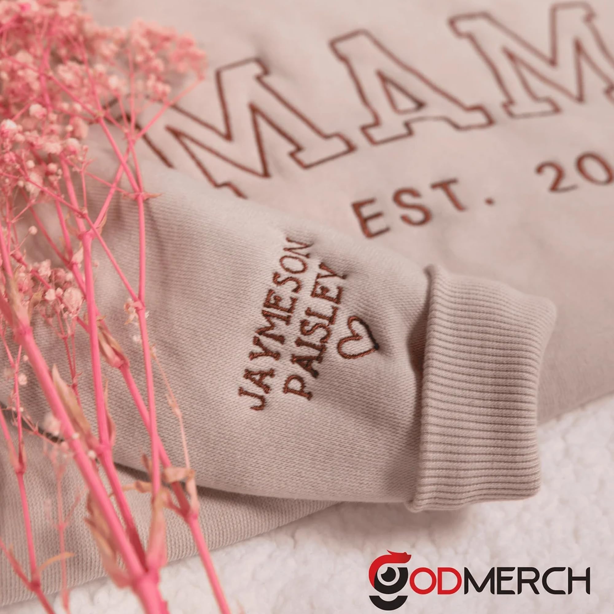 GODMERCH Personalized Embroidered Mama Sweatshirt With Kid Names On Sleeve, Mom Sweatshirt For Women, Gifts For Mom Grandma Mothers Day Christmas, New Mom Gifts