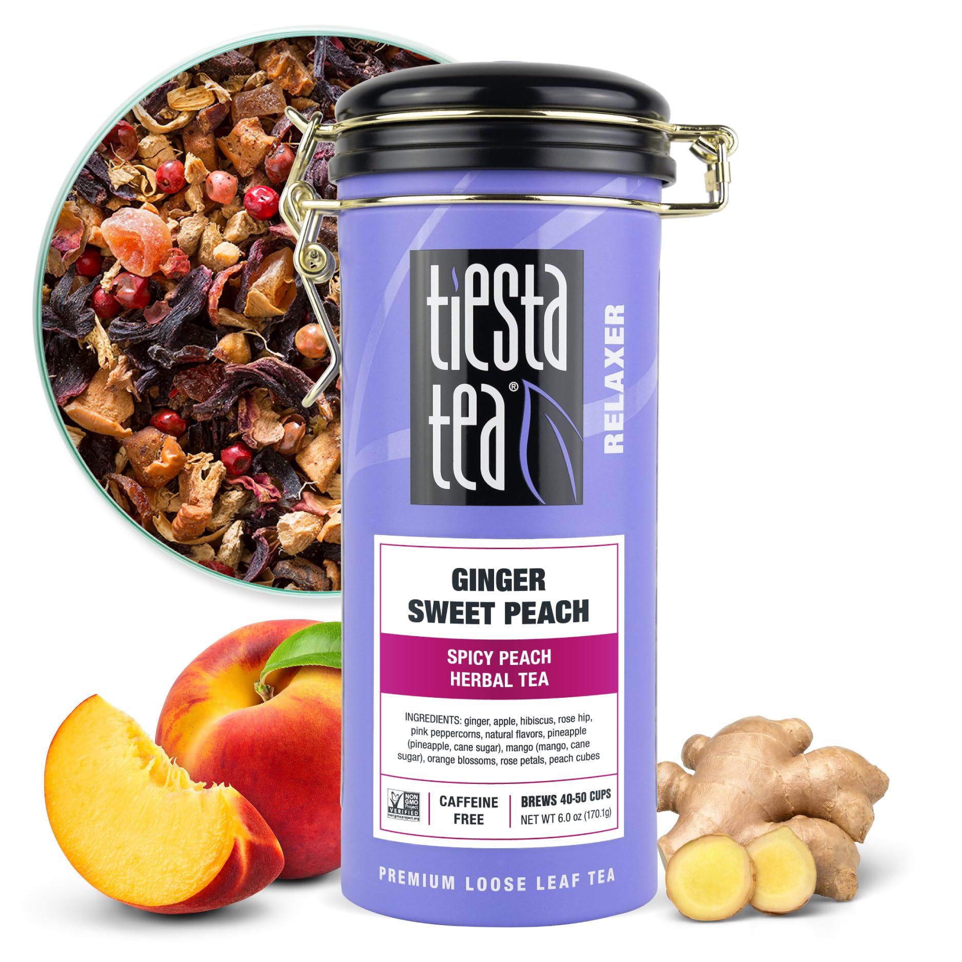 Tiesta Tea - Ginger Sweet Peach | Spicy Peach Herbal Tea | Premium Loose Leaf Tea Blend | Non Caffeinated Herbal Tea | Make Hot or Iced Tea & Brews Up to 50 Cups - 6 Ounce Refillable Tin