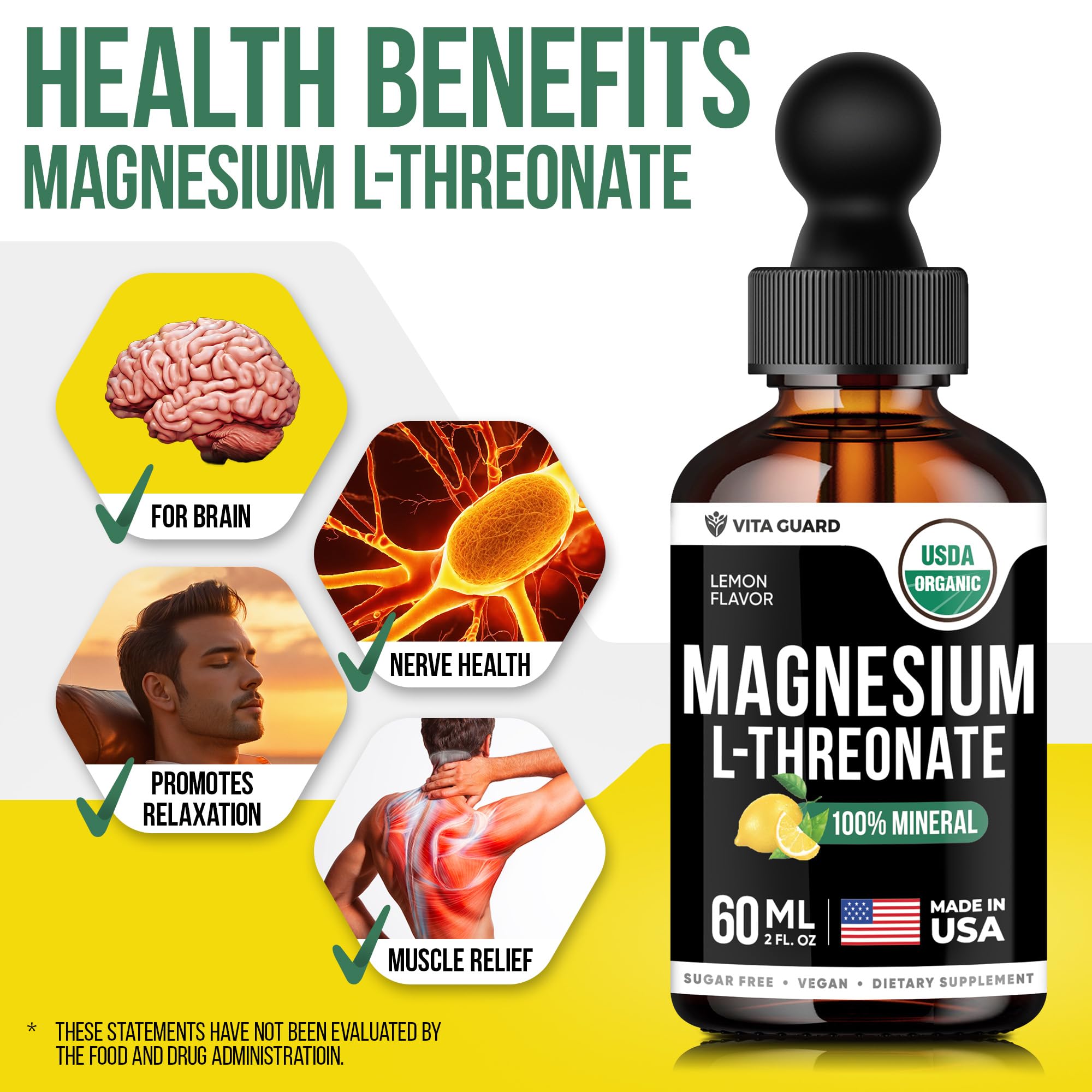 Magnesium L-Threonate Liquid Drops - 500mg Vegan Formula for Brain Health, Lemon Flavor, 60ML (2 fl oz) | Gluten-Free, Non-GMO