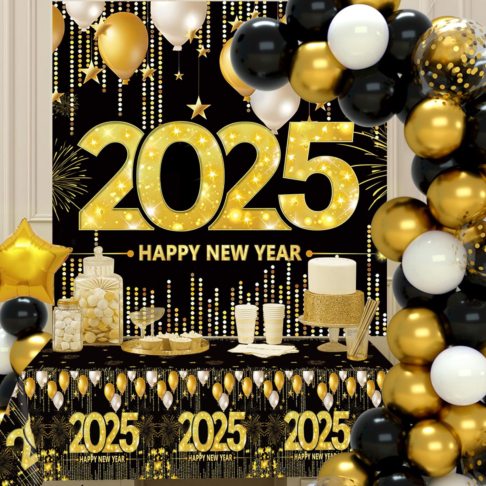 Happy New Years Party Decorations 2025 - New Years Balloon Garland Arch Kit,Happy New Years Eve Party Supplies,Black and Gold Confetti Balloon Backdrop Tablecloth for New Year Party Anniversary 101PCS