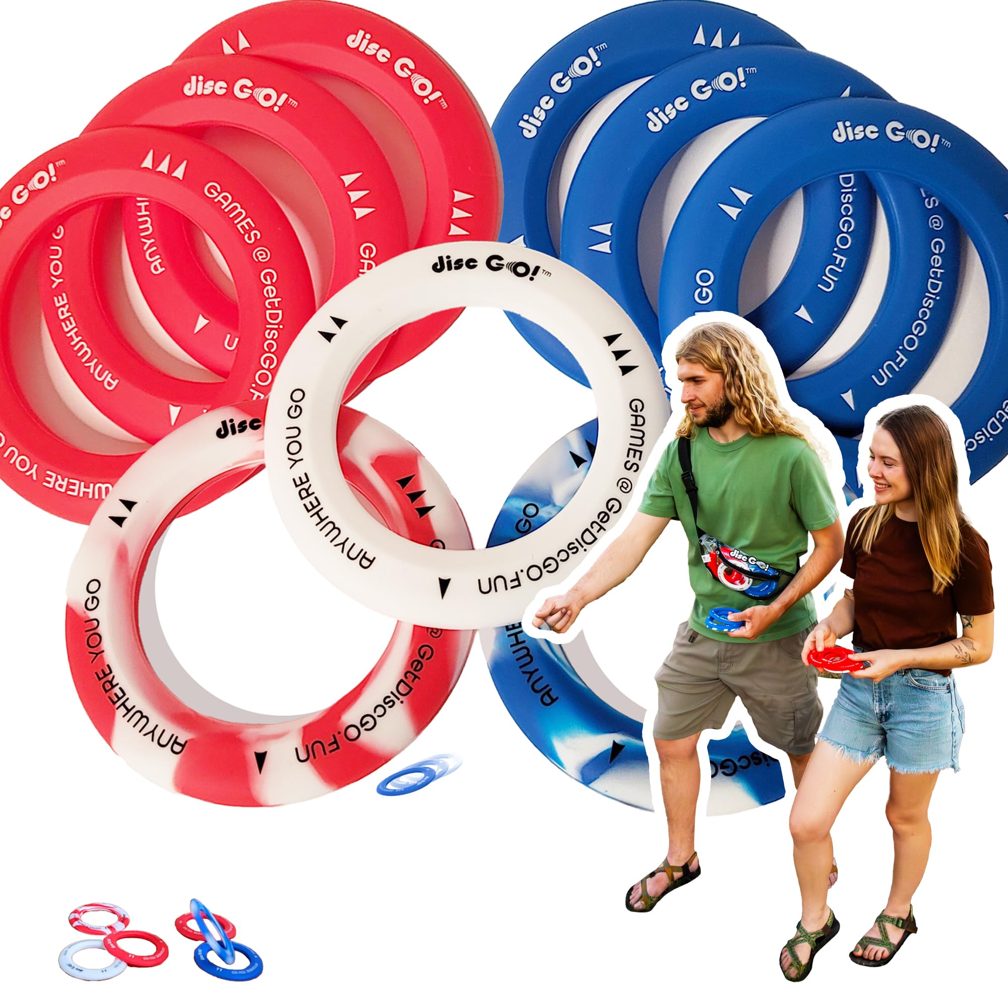 DiscGO! Game 9 Soft Silicone Discs, Play Indoor/Outdoor for Fun, Gift, Family, Camping, Parties, Tailgating, Team Building, Classroom, Portable Travel Games for Kids & Adults (USA Red, White & Blue)