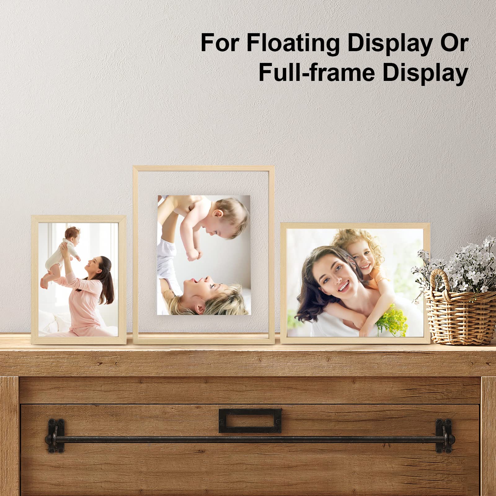 Egofine 5x7 Floating Frames Set of 2, Double Glass Picture Frame, Made of Solid Wood Display Any Size Photo up to 5x7, Wall Mount or Tabletop Standing, Natural Wood