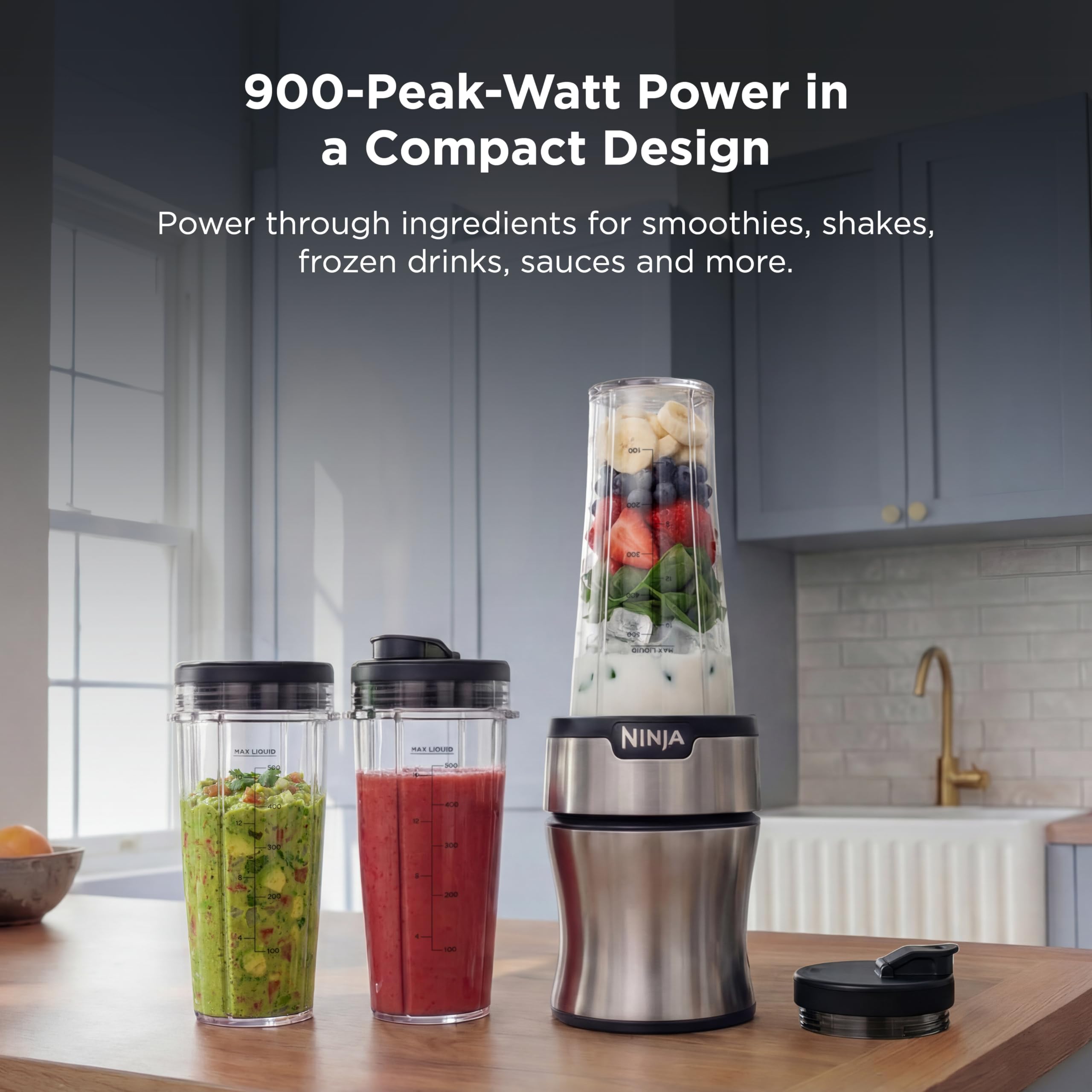 Ninja BN301 Nutri-Blender Plus Compact Personal Blender, 900-Peak-Watt Motor, Frozen Drinks, Smoothies, Sauces & More, (3) 20 oz. To-Go Cups, (2) Spout-Lids (1) Storage-Lid, Dishwasher Safe, Silver