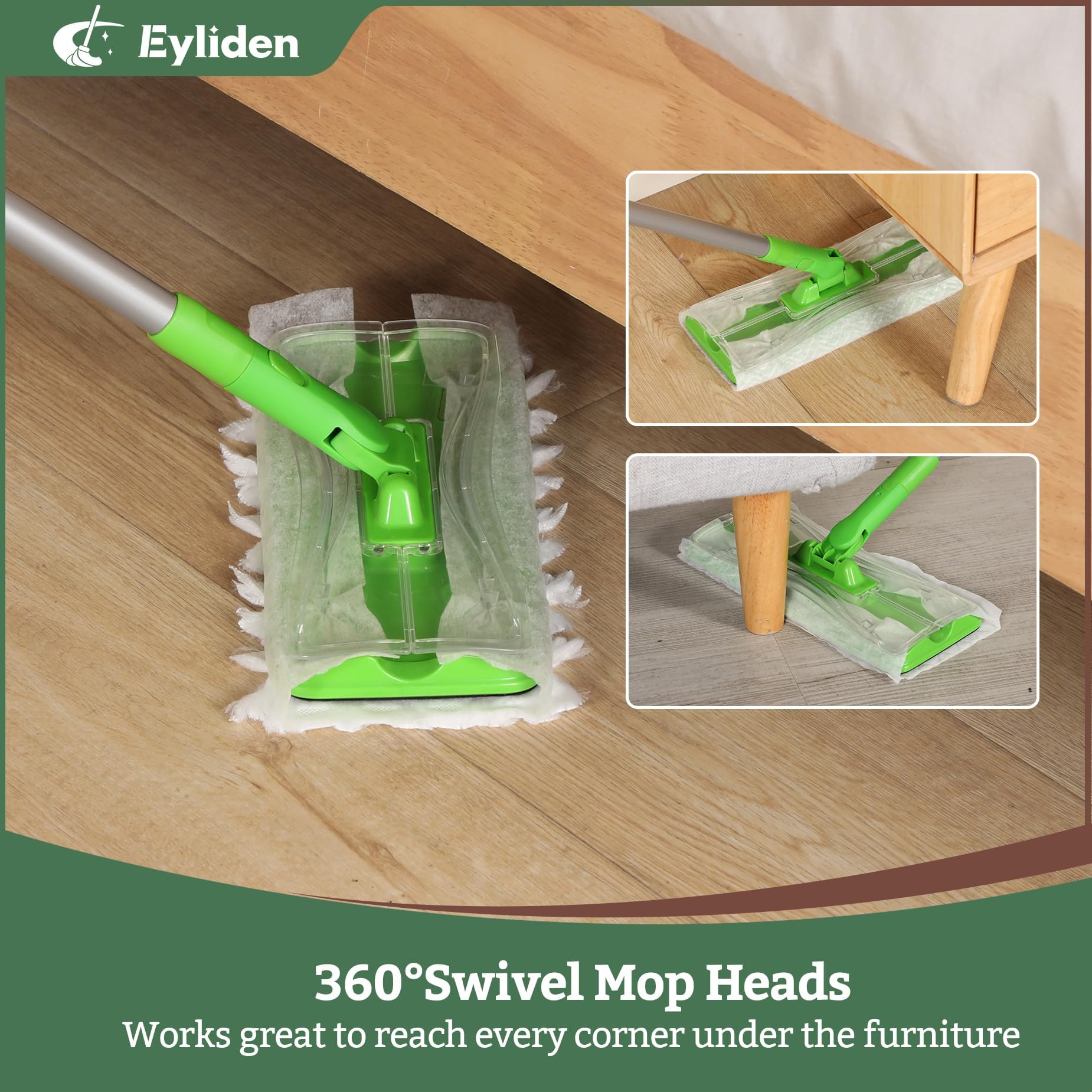 Eyliden Sweeper Mop, Wet & Dry Mops for Floor Multi Surface Cleaning, Disposable Dust Mop Starter Kit with 36 Refills - 12 Wet Mop Cloths, 12 Heavy-Duty Pet Hair Mop Pads, 12 Dry Sweeping Cloths