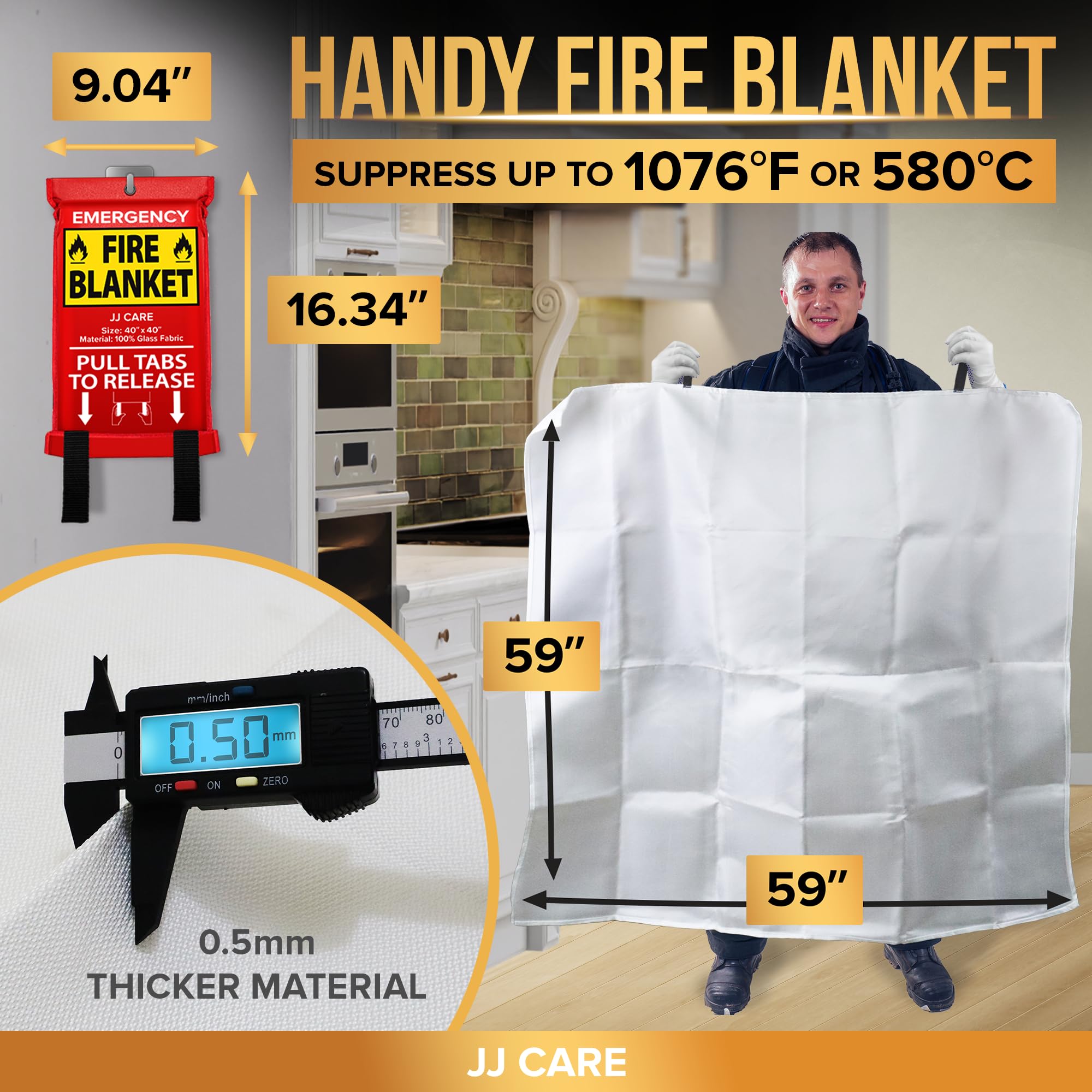 JJ CARE Fire Blanket – (Large) 4.9x4.9ft with Hooks & Gloves, Emergency Fire Blanket for Home & Kitchen, High Heat Resistant Fire Suppression Blankets for Home Safety, Kitchen, Camping