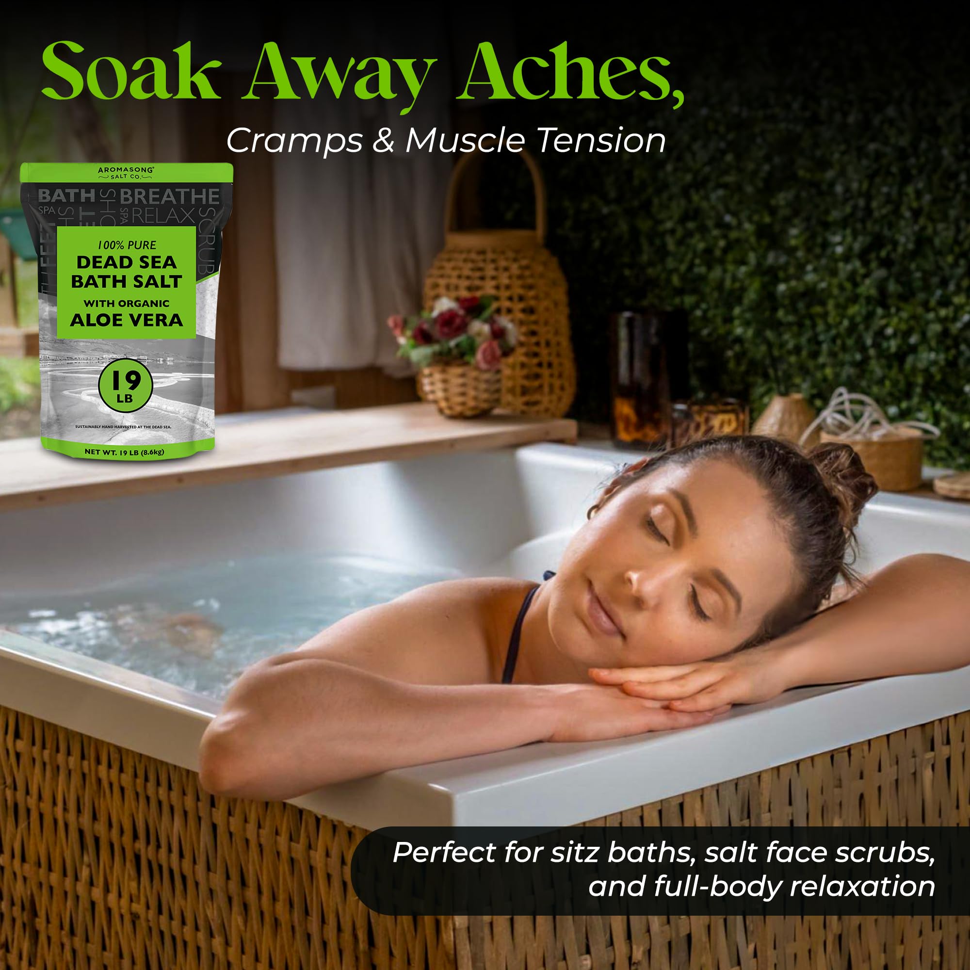 Aromasong Organic Aloe Vera Dead Sea Salt 19 lb + Muscle Recovery Bath Soak 3 lb Bundle – Soothing Skin Hydration, Muscle Relief & Post-Workout Recovery with Pure Minerals & OptiMSM