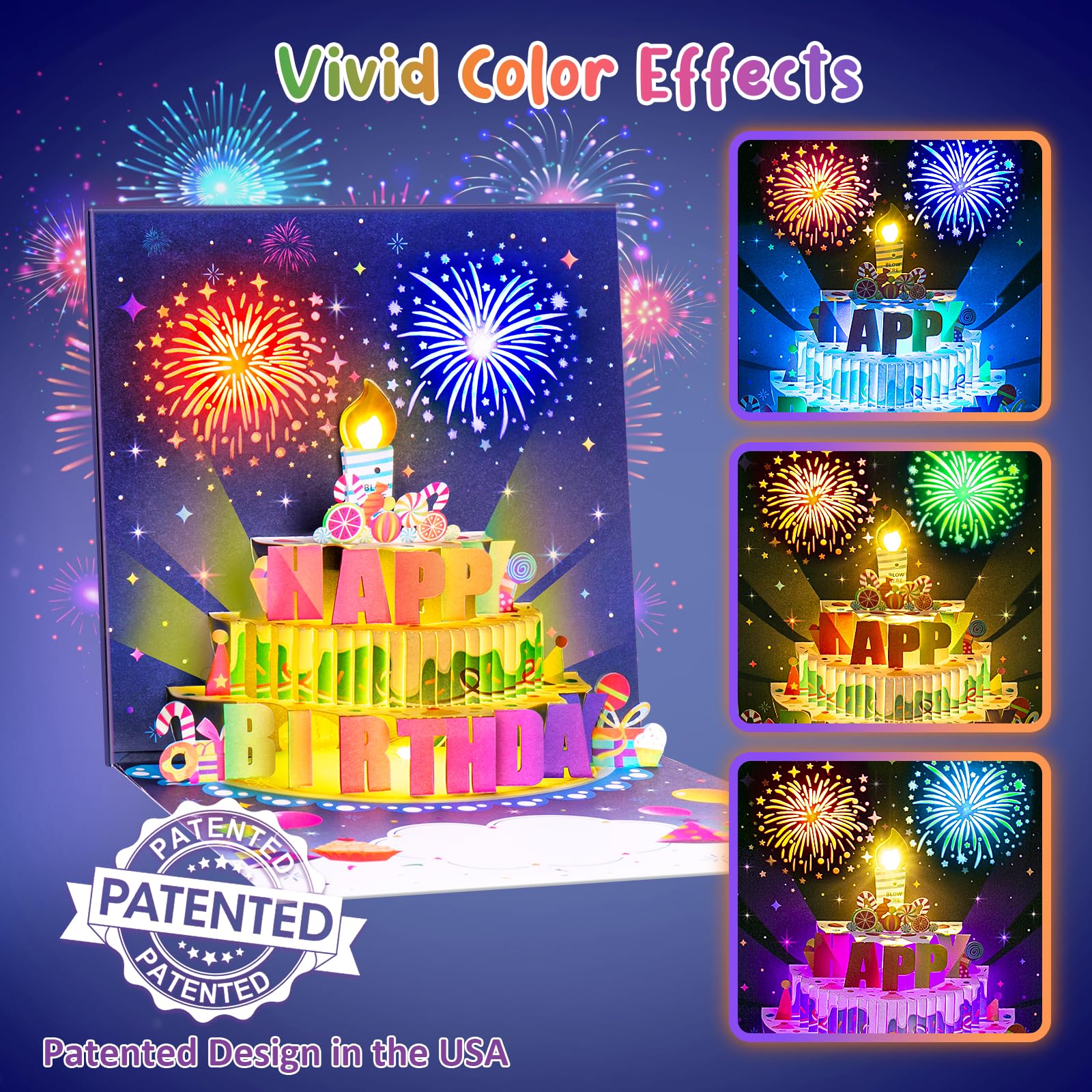 INPHER Birthday Cards Fireworks Pop Up Cake Blowable Light and Music Happy Birthday Card Gifts for Women Men Mom Kids