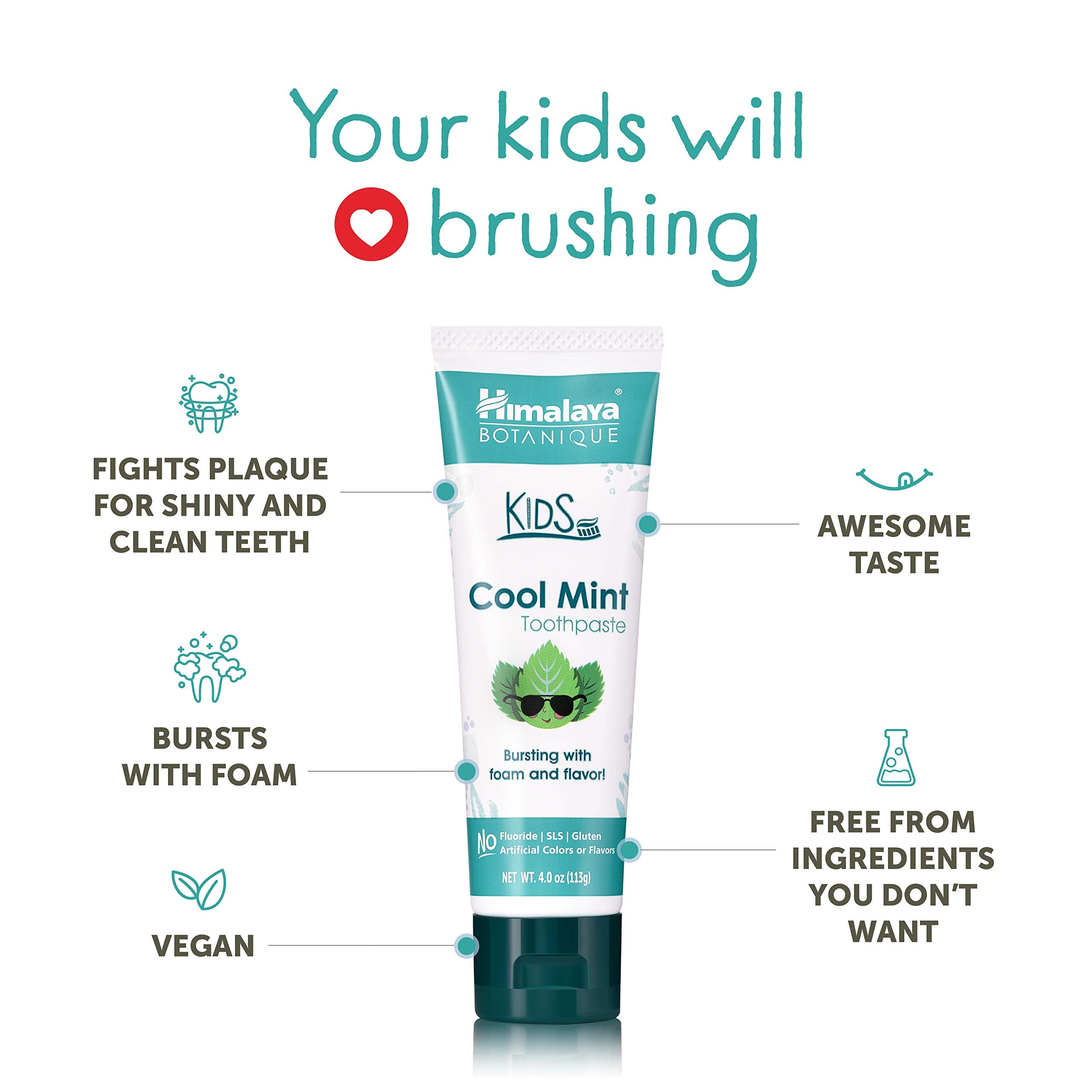 Himalaya Botanique Kids Toothpaste, Cool Mint, Fluoride-Free, Gentle, No Artificial Colors, SLS Free, Gluten Free, Cruelty Free, Vegan, Foaming, 4 Oz, 1 Pack…